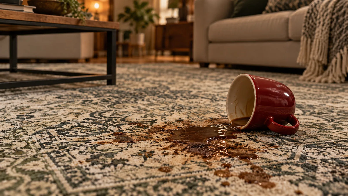 A stylish green rug with a spilled cup of coffee on it. The coffee has scattered across the rug. A scene in a living room.