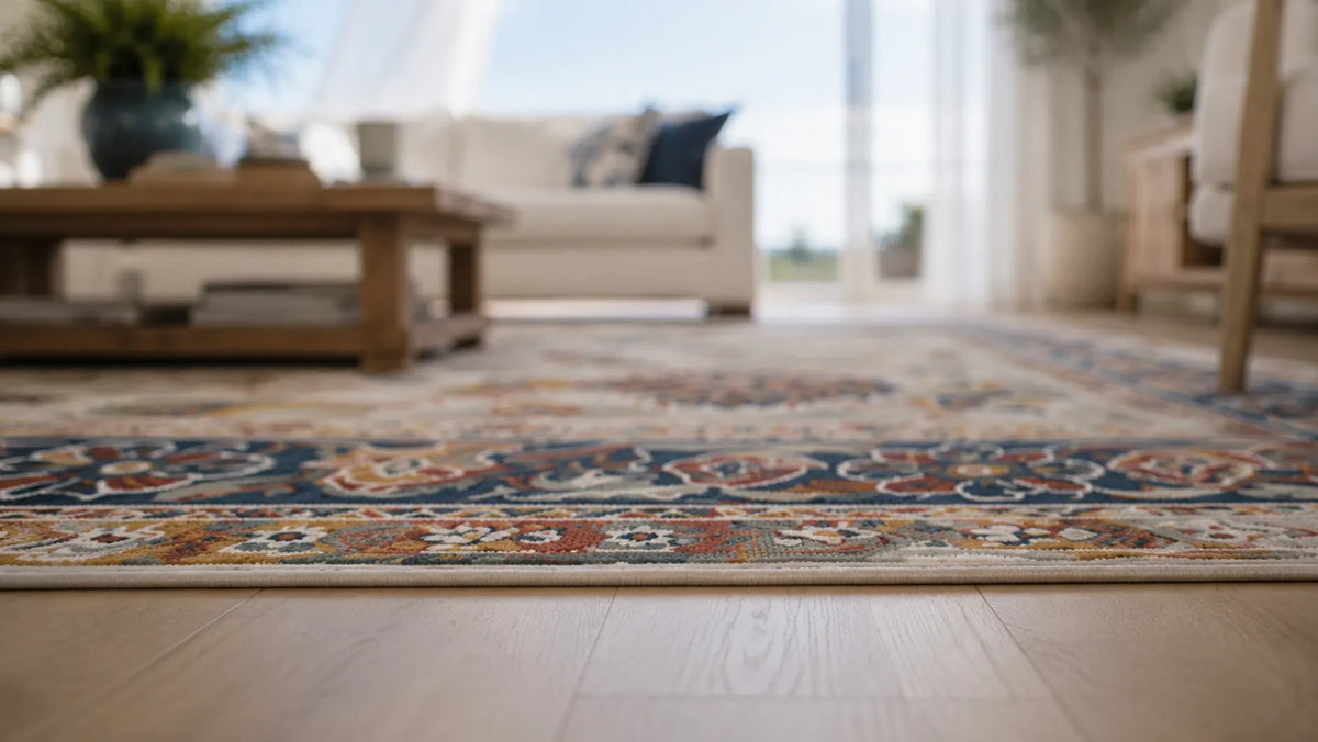 A low profile traditional rug with a modern living room. A white sofa, wooden coffee table and bright view.