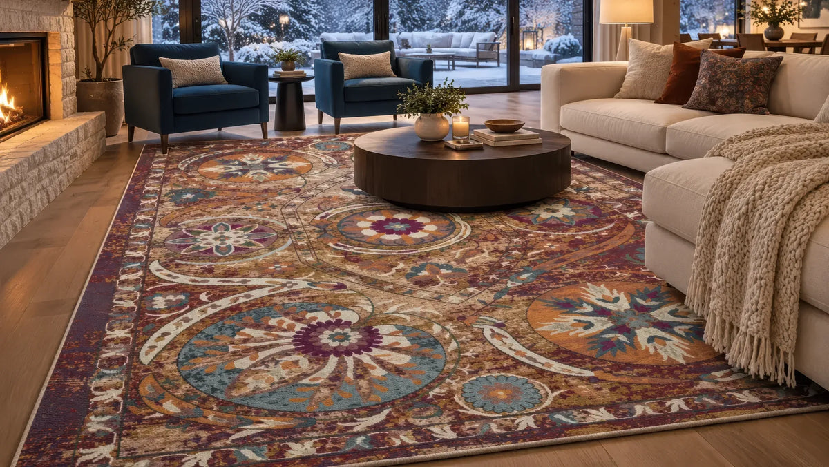 A large traditional-style area rug with an intricate medallion and floral pattern in rust, blue, cream, and purple tones, shown in a styled living room with a fireplace, blue armchairs, a round coffee table, and a cream sectional sofa.