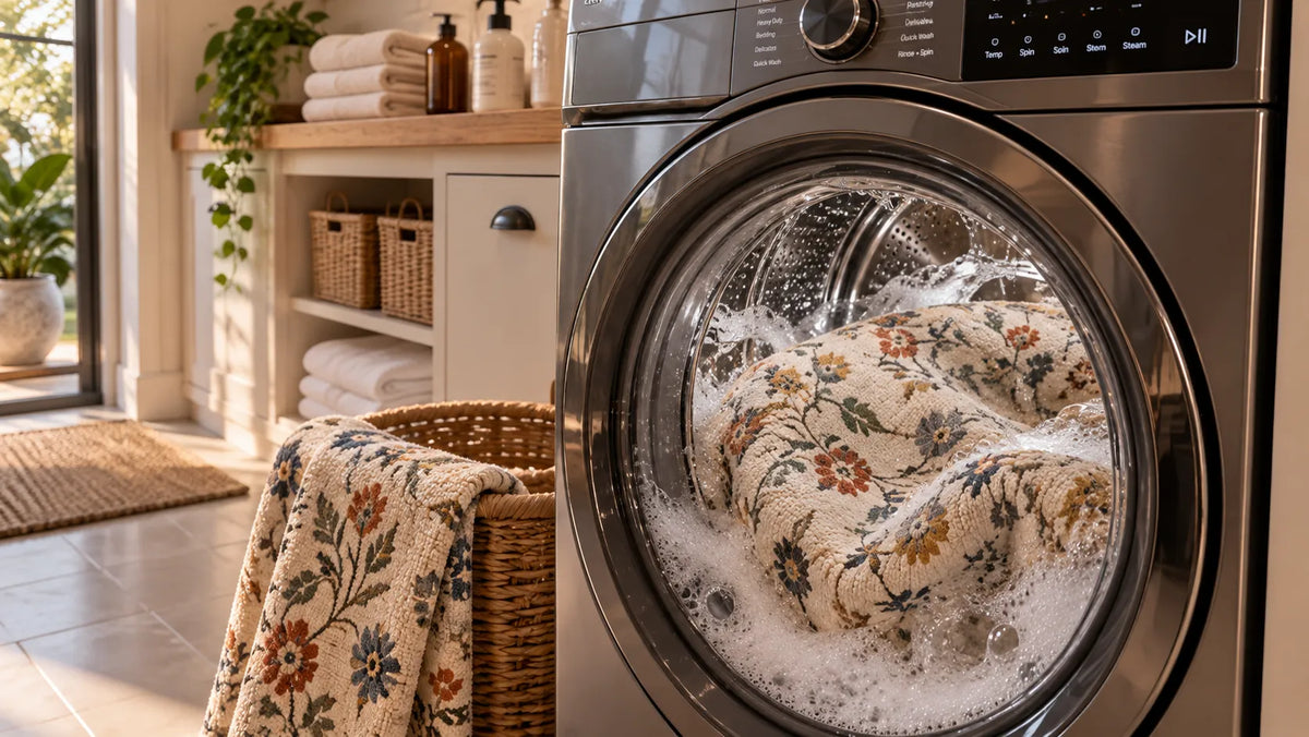 A washable rug is being washed in a washing machine in a laundry room. The laundry room is visible in the background.