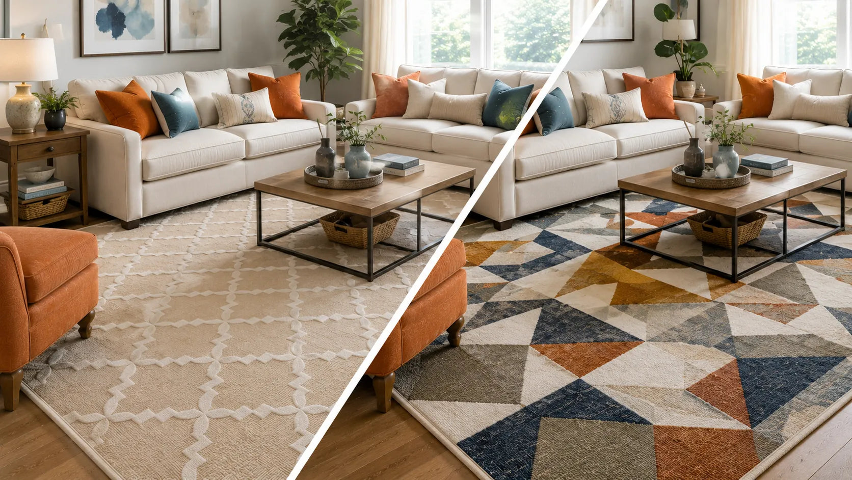 A split-screen lifestyle image showing two modern area rugs in a living room setting. The left rug has a beige and white lattice trellis pattern, while the right rug features a multicolor geometric design with navy, blue, orange, and cream shapes.