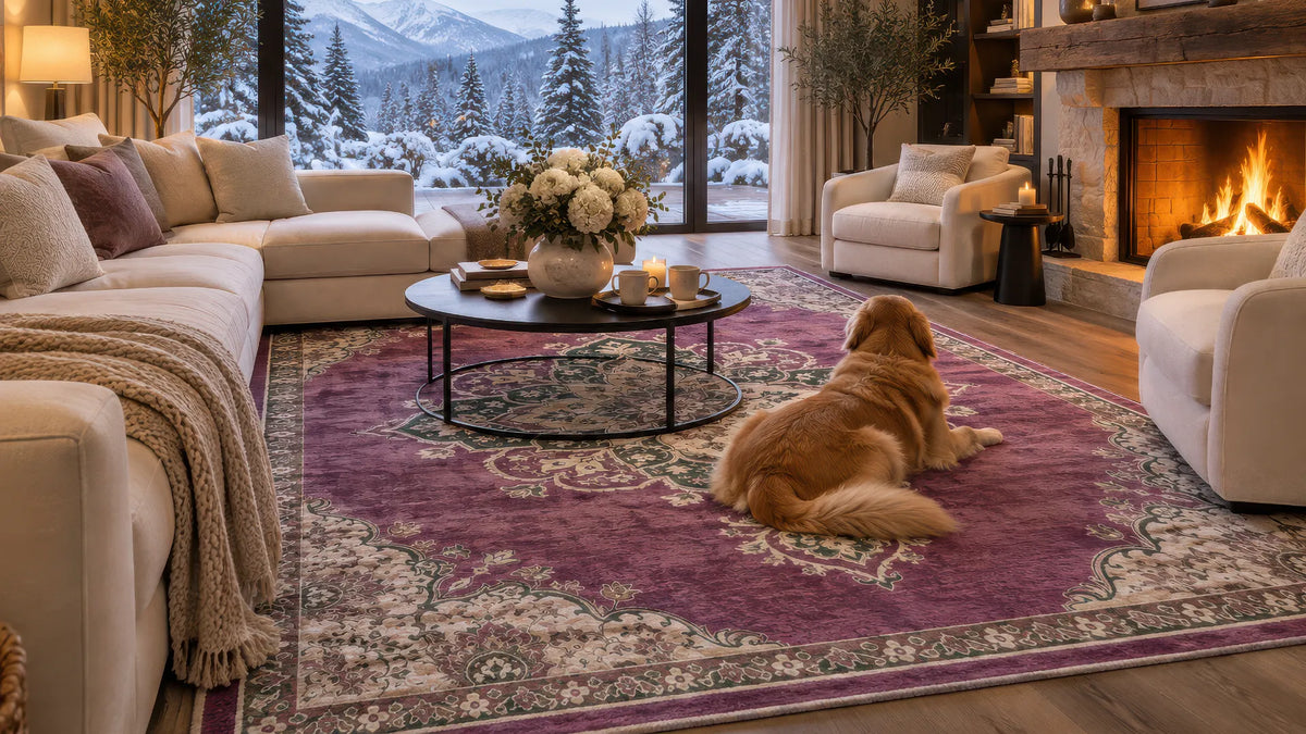 A large traditional-style area rug in dusty purple, plum and beige tones is styled in a cozy living room with a dog sitting on it. The room features a fireplace, sofas, armchairs, and winter outside.