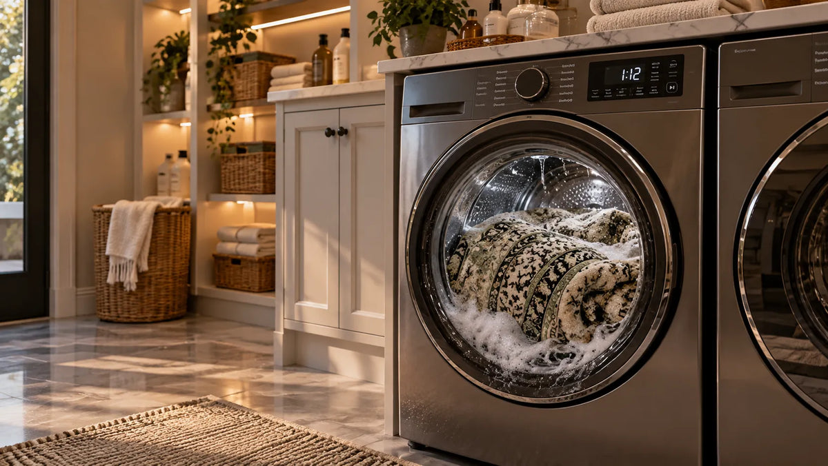 A washing machine is running in a laundry room, and inside it, a washable rug from Bella Rugs is being washed.
