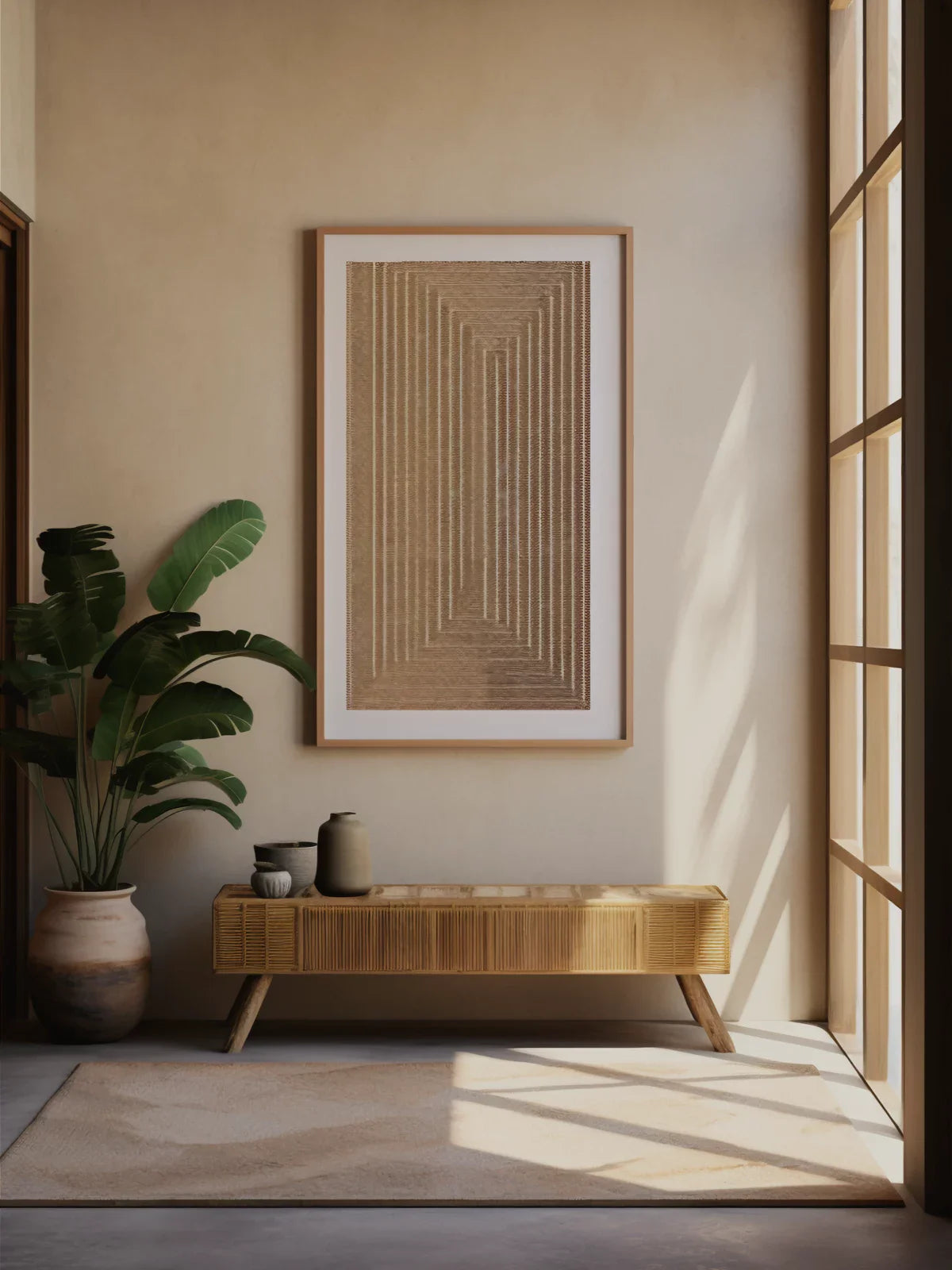 Minimalist entryway with a neutral-toned 5x8 rug, wooden bench, large potted plant, and modern geometric wall art illuminated by natural sunlight.