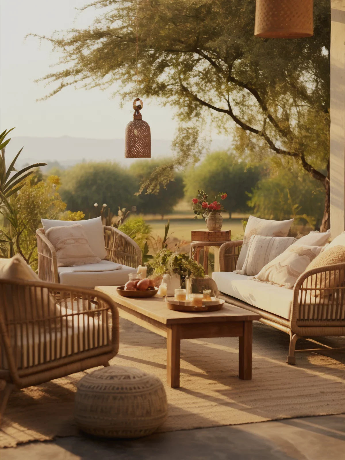 Elegant outdoor lounge featuring a spacious 9x12 neutral-toned rug, rattan furniture with plush cushions, a wooden coffee table with decorative accents, and a warm, sunlit ambiance.