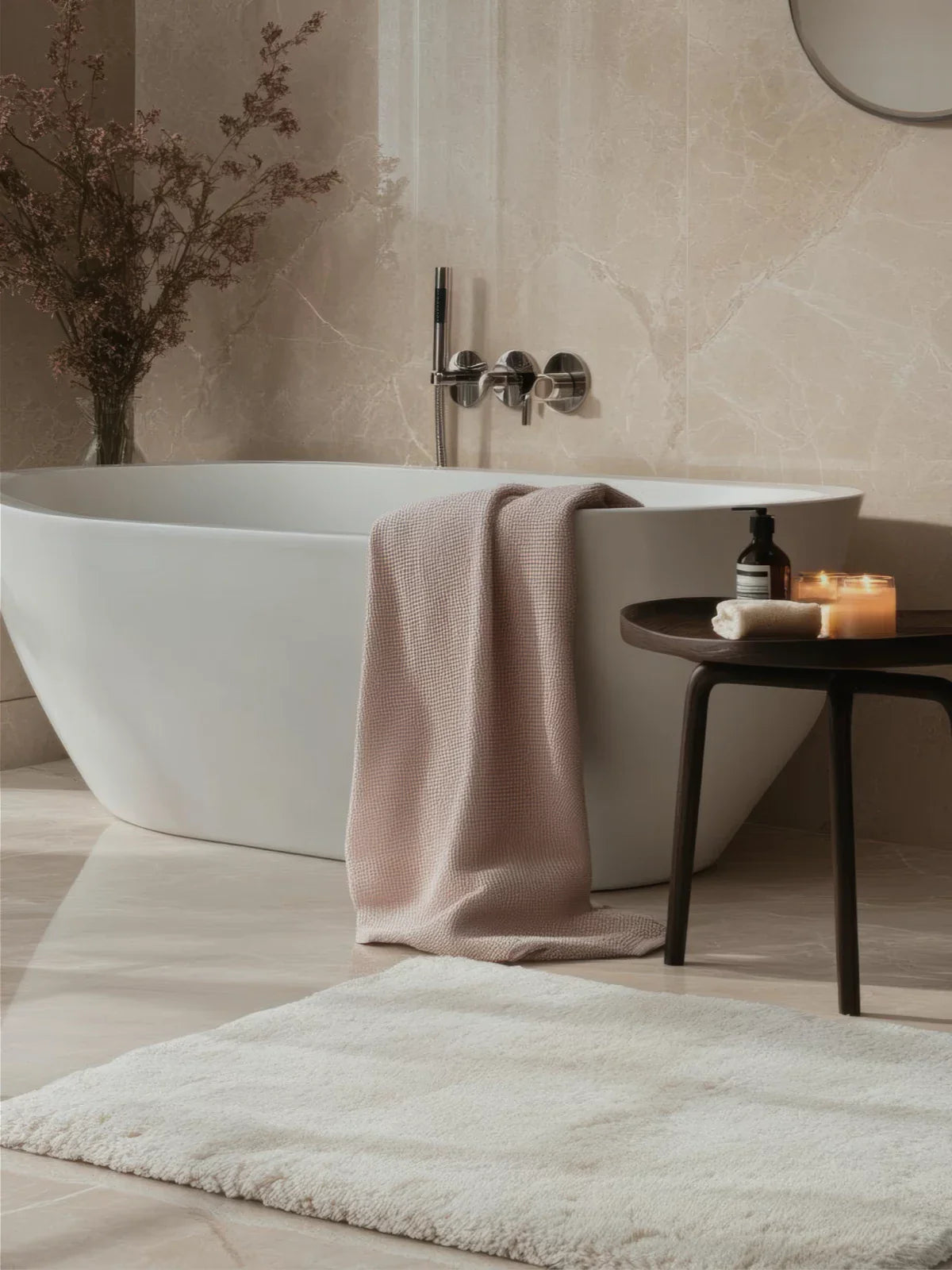 Luxurious bathroom with a soft, plush white bath rug, a modern freestanding tub, a cozy textured towel, and warm candlelit ambiance for a spa-like feel.
