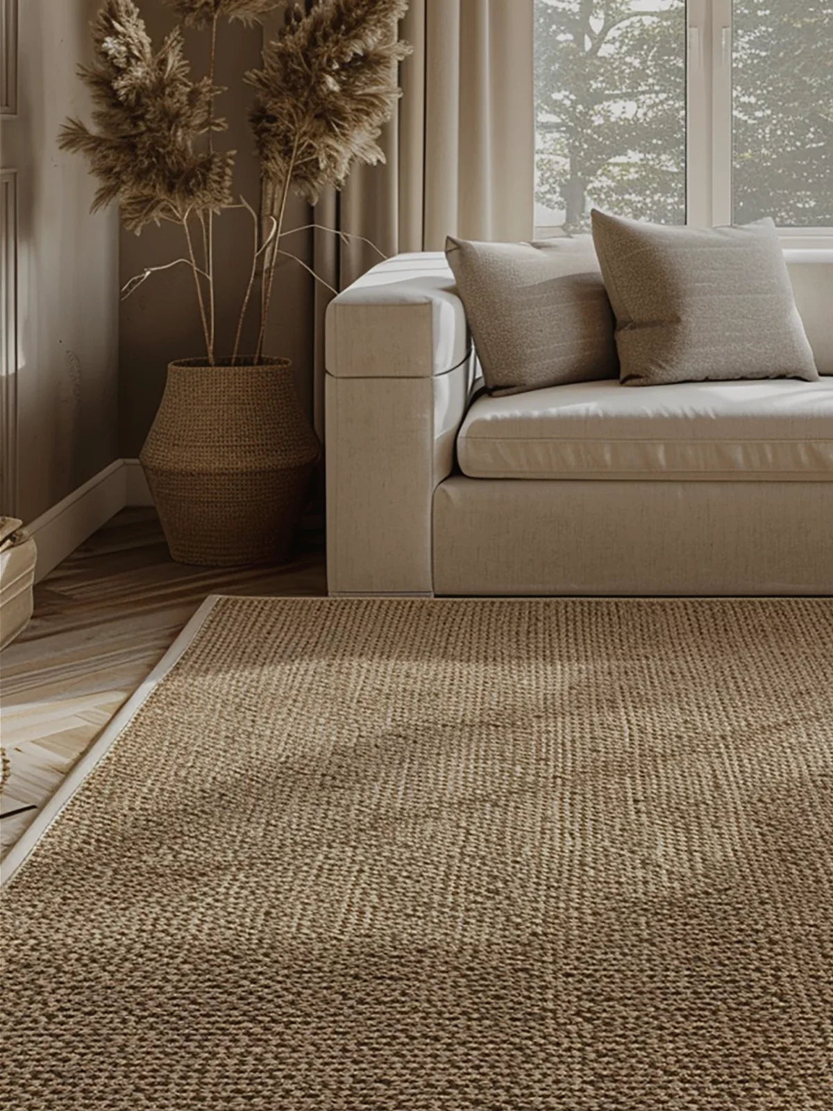 Cozy living room featuring a textured brown rug, a neutral-toned sofa with matching pillows, and earthy decor elements for a warm and inviting ambiance.