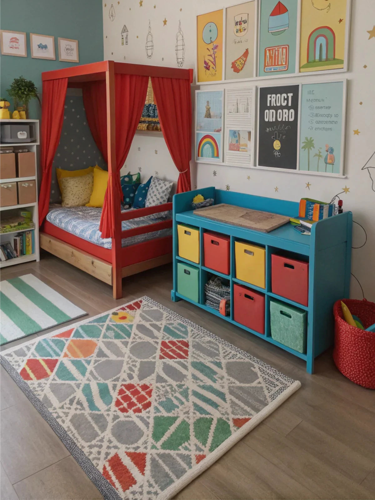 A vibrant and playful children’s room featuring a colorful geometric rug, a red canopy bed, and bright storage units, creating a fun and energetic atmosphere.