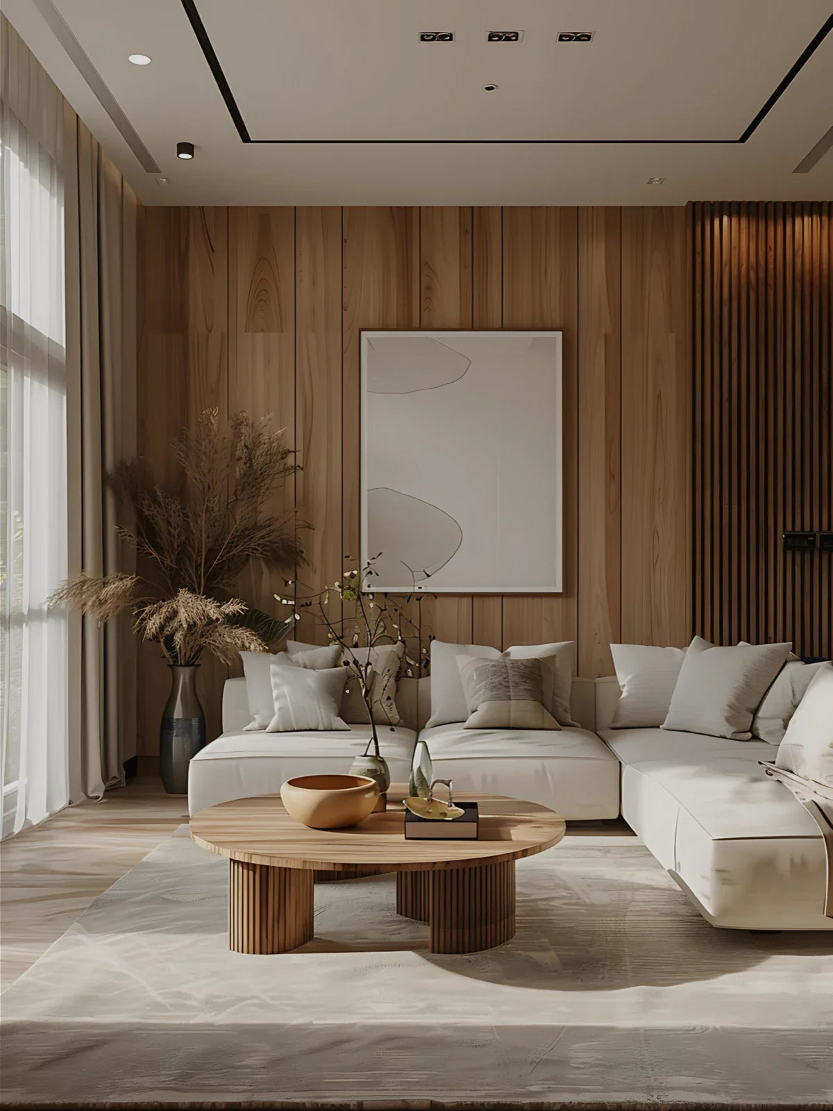 Modern living room featuring a soft neutral-toned rug, a sleek white sectional sofa, wooden accent walls, and a minimalist coffee table for a warm and sophisticated ambiance.
