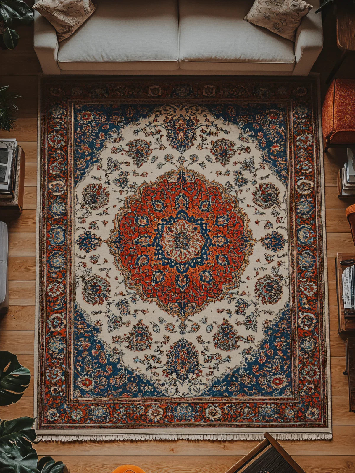 Elegant Moroccan-style rug featuring intricate geometric patterns in rich red, blue, and ivory tones, placed in a cozy living room with warm wooden flooring.