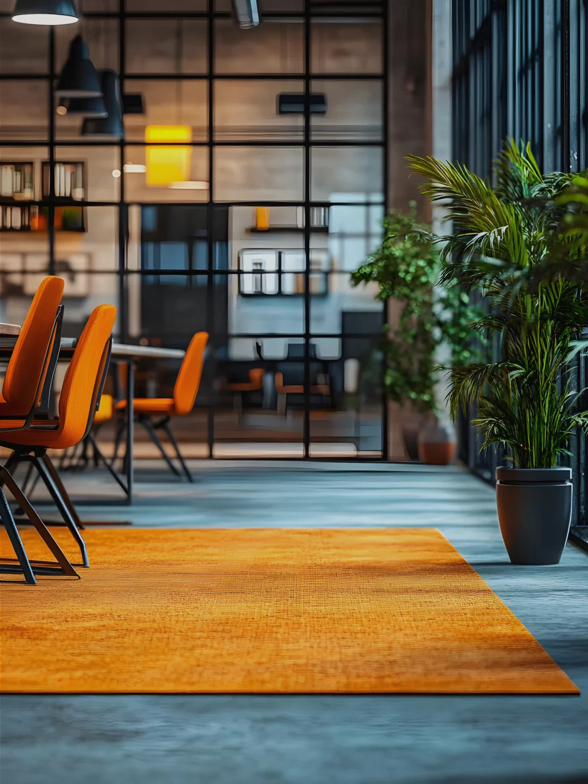 A modern industrial-style space featuring a bold orange rug, sleek orange chairs, and black-framed glass partitions, creating a stylish and energetic atmosphere.