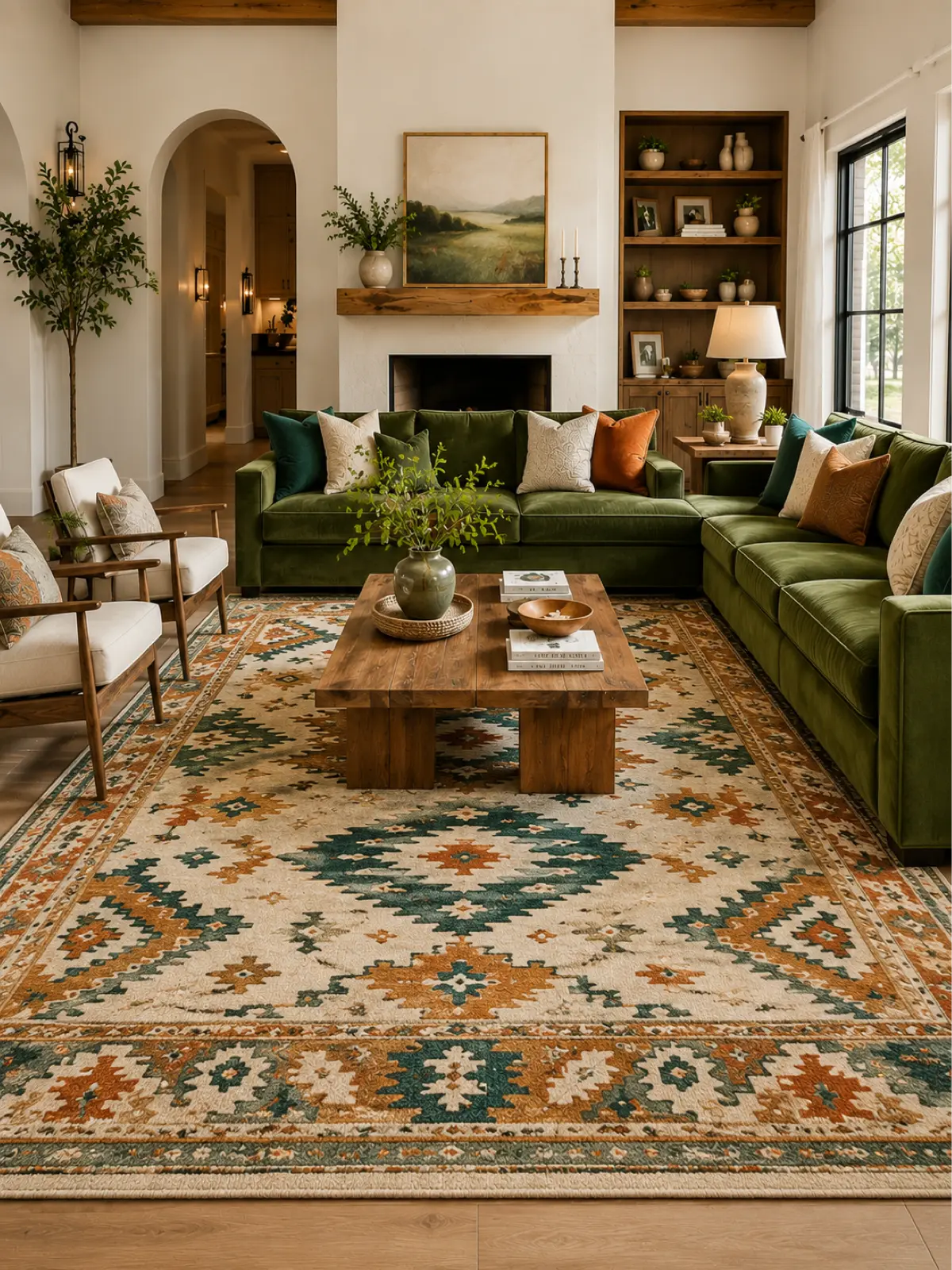 A large bohemian-style area rug with a cream, teal, and rust geometric pattern, styled in a cozy living room with a green sectional sofa and wooden coffee table.