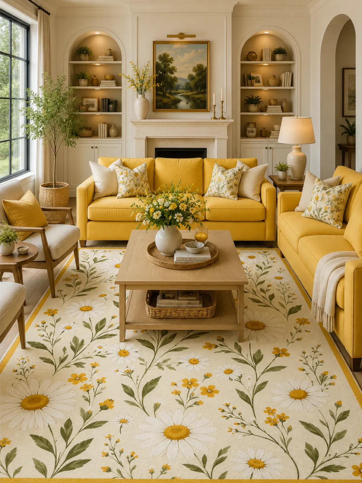 A bright, modern living room featuring a large cream-colored cottagecore area rug with a yellow and green floral daisy pattern. The room is styled with two yellow sofas, matching accent pillows, a light wood coffee table.