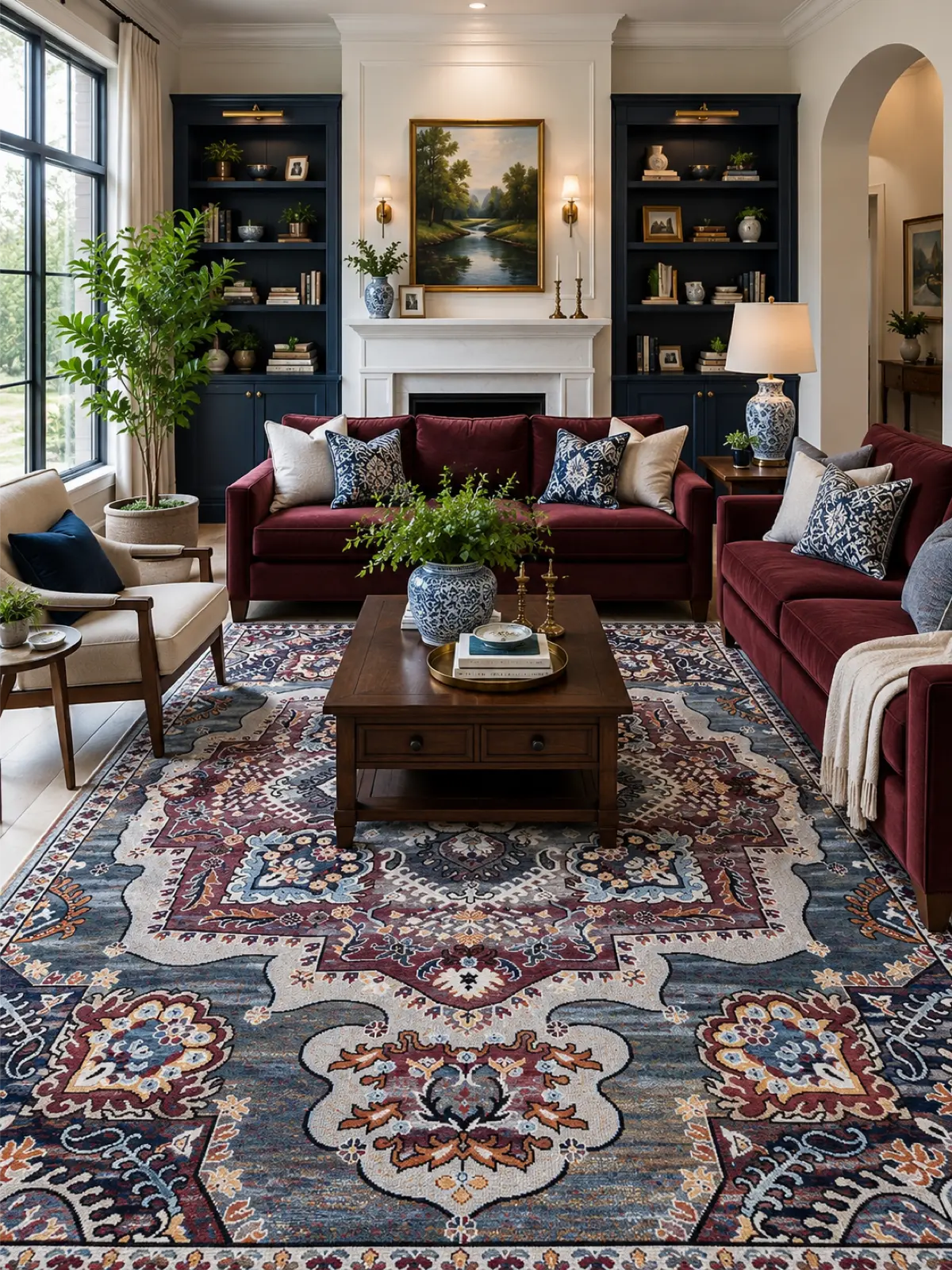 A styled living room featuring a large, ornate aubusson area rug with blue, red, and beige patterns. The room is furnished with deep red sofas, a dark wood coffee table, a cream armchair, and navy blue built-in shelves.