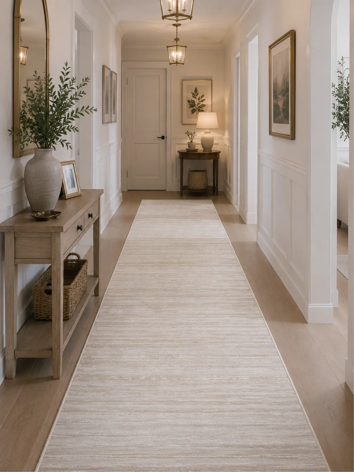 A long, light beige textured runner rug laid down in a bright, elegant hallway with white walls, wood floors, and decorative side tables and framed art.