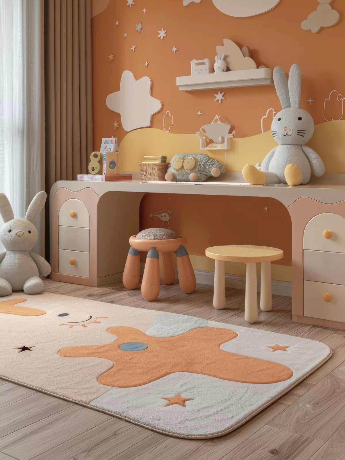 Young child lying on a textured, washable rug, playing with colorful dinosaur toys in a cozy and playful kids’ room setting.