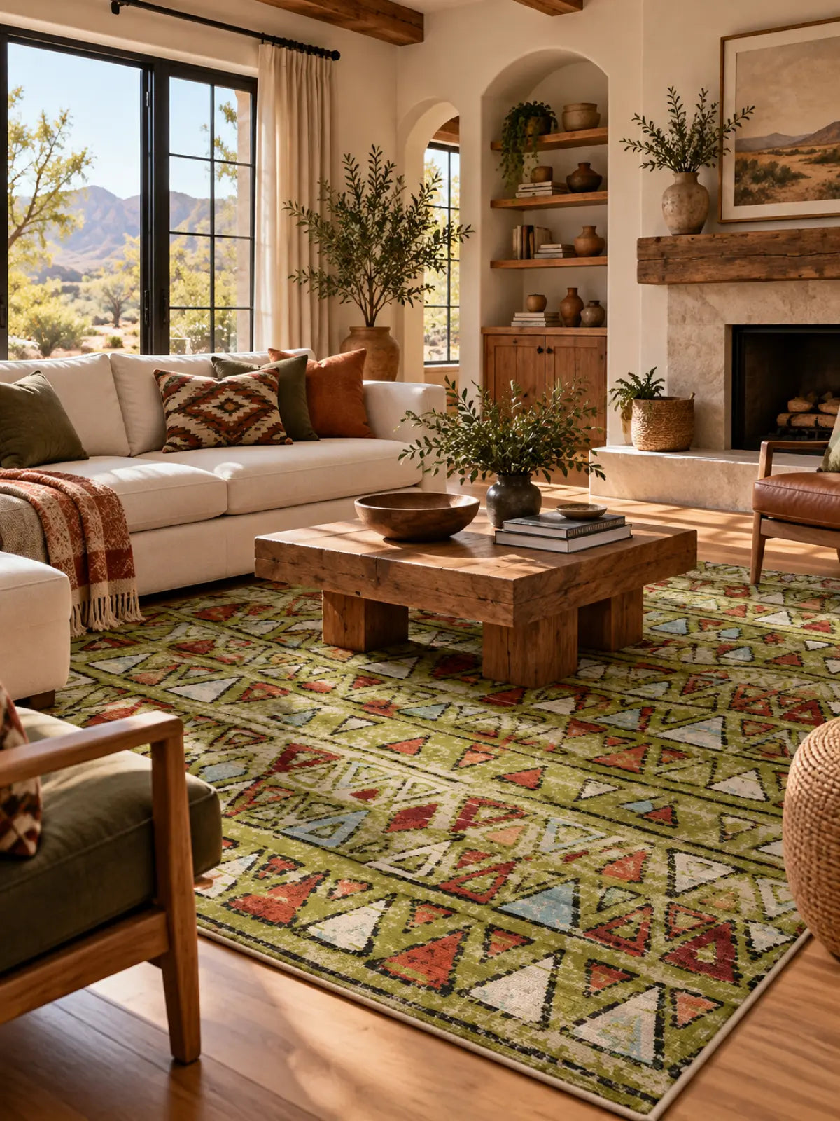 A large rectangular area rug with a colorful geometric tribal pattern in green, beige, red, and blue, styled in a warm, modern living room with a wooden coffee table, white sofa, and fireplace.