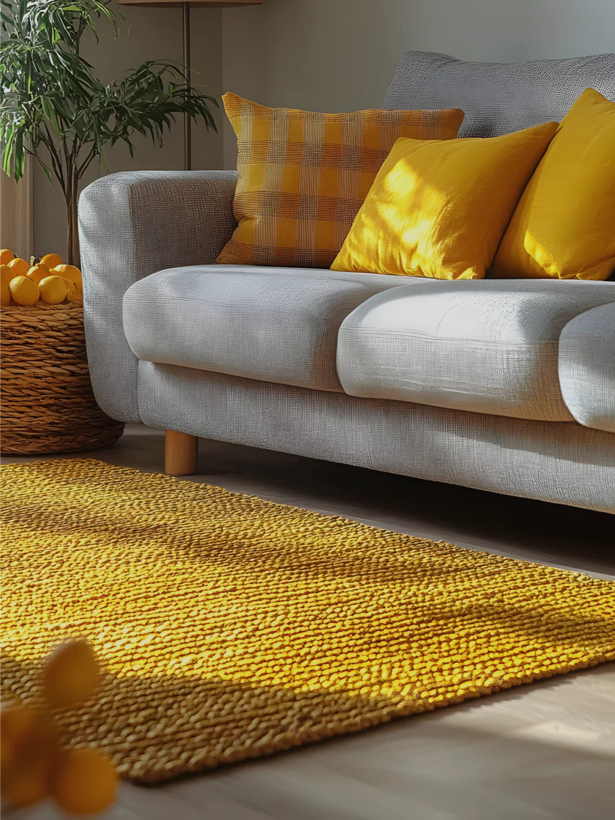 A cozy living space featuring a textured mustard yellow rug, a modern gray sofa with matching yellow pillows, and warm natural lighting for a bright and inviting ambiance.