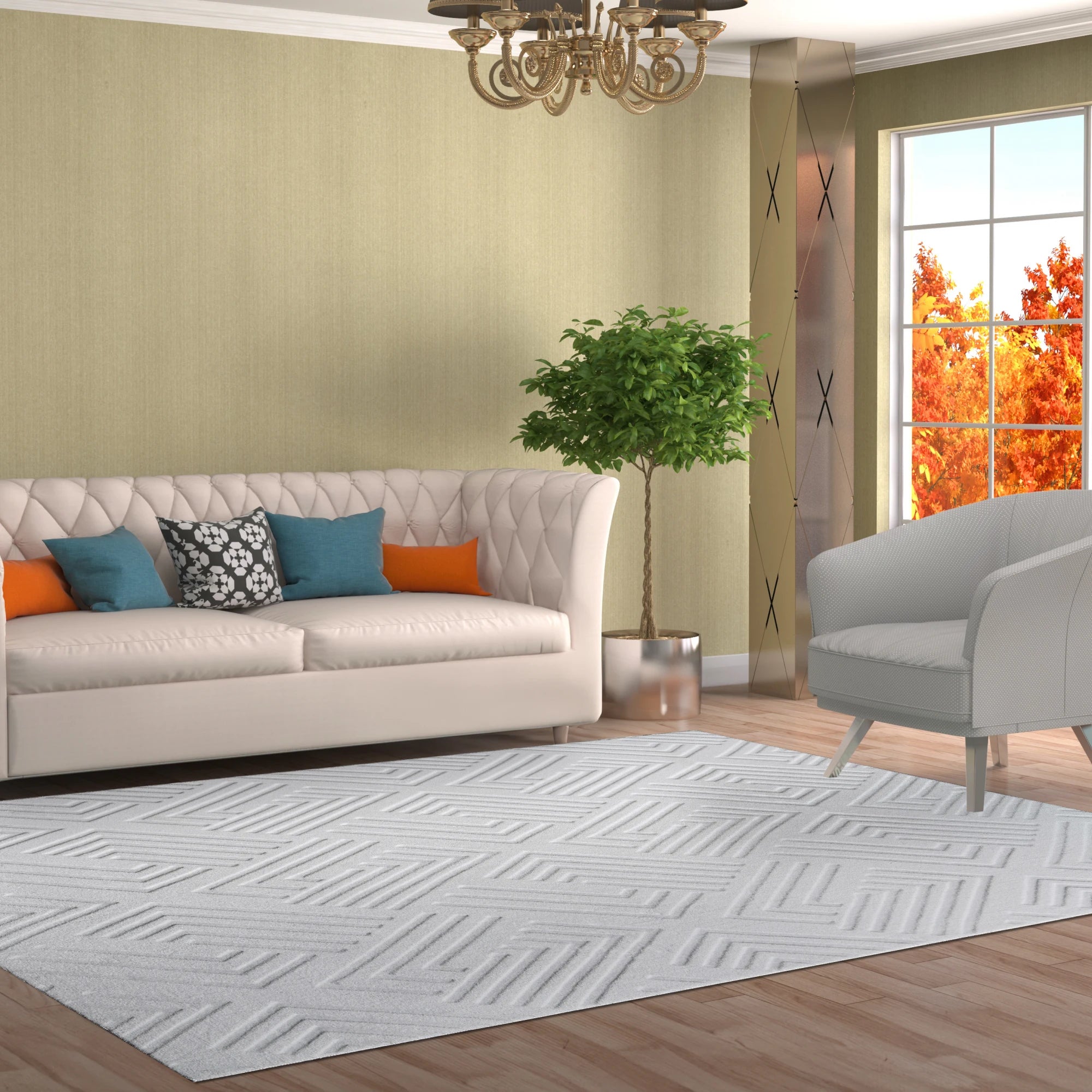 Modern Geometric Maze Plush Rug - White