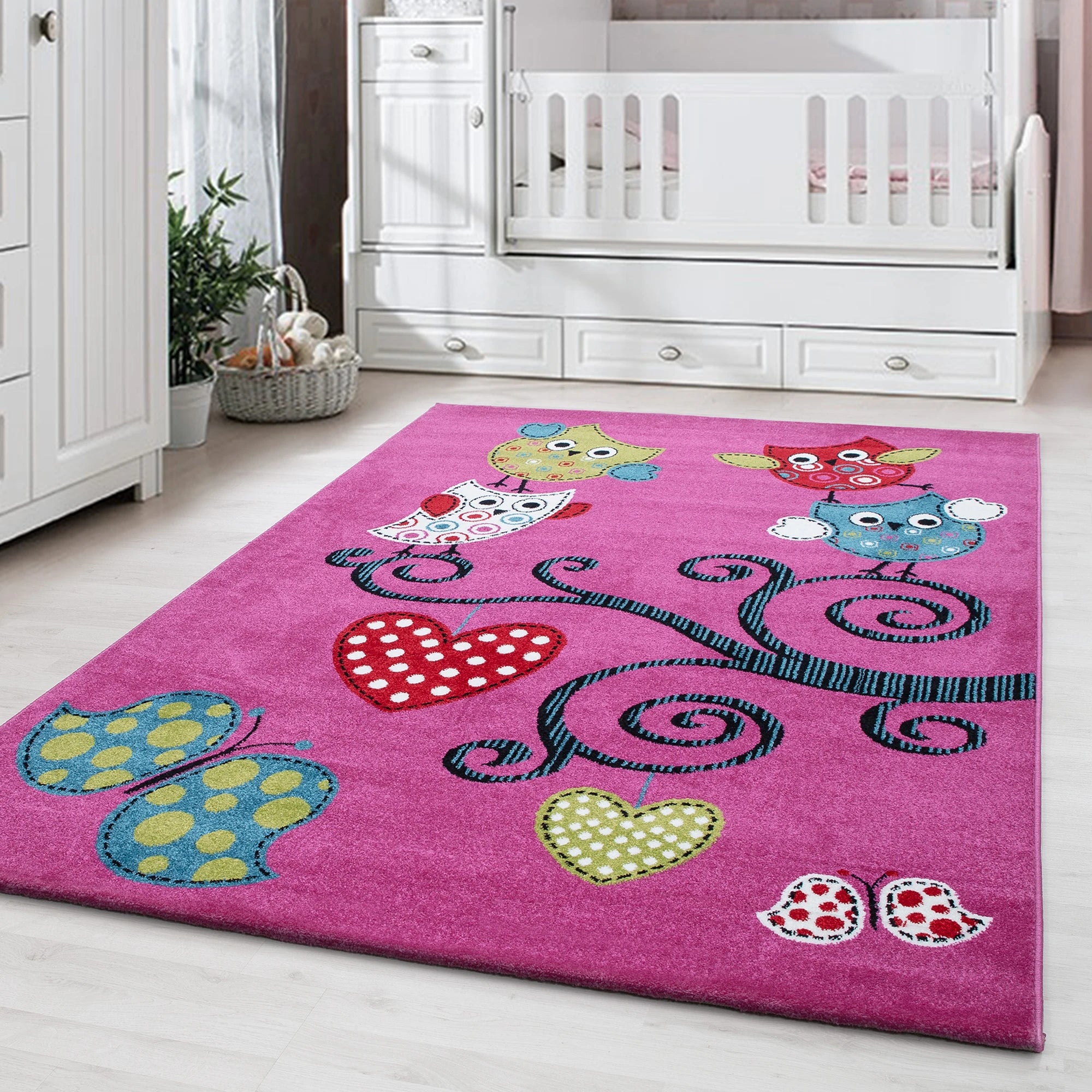 Cute Whimsical Owl Tree Branch Kids Rug | Pink