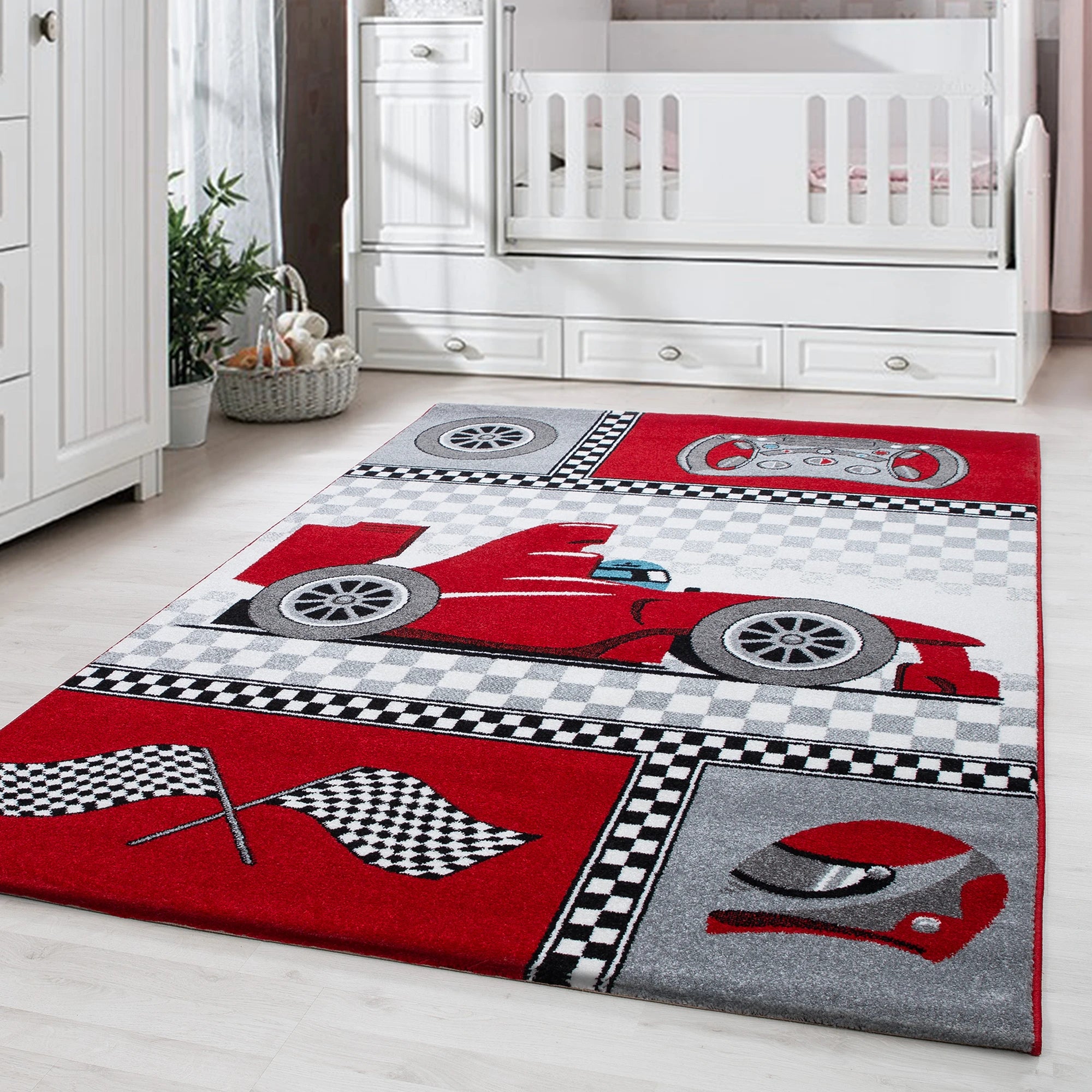 Race Car Checkered Flag Kids Rug | Red