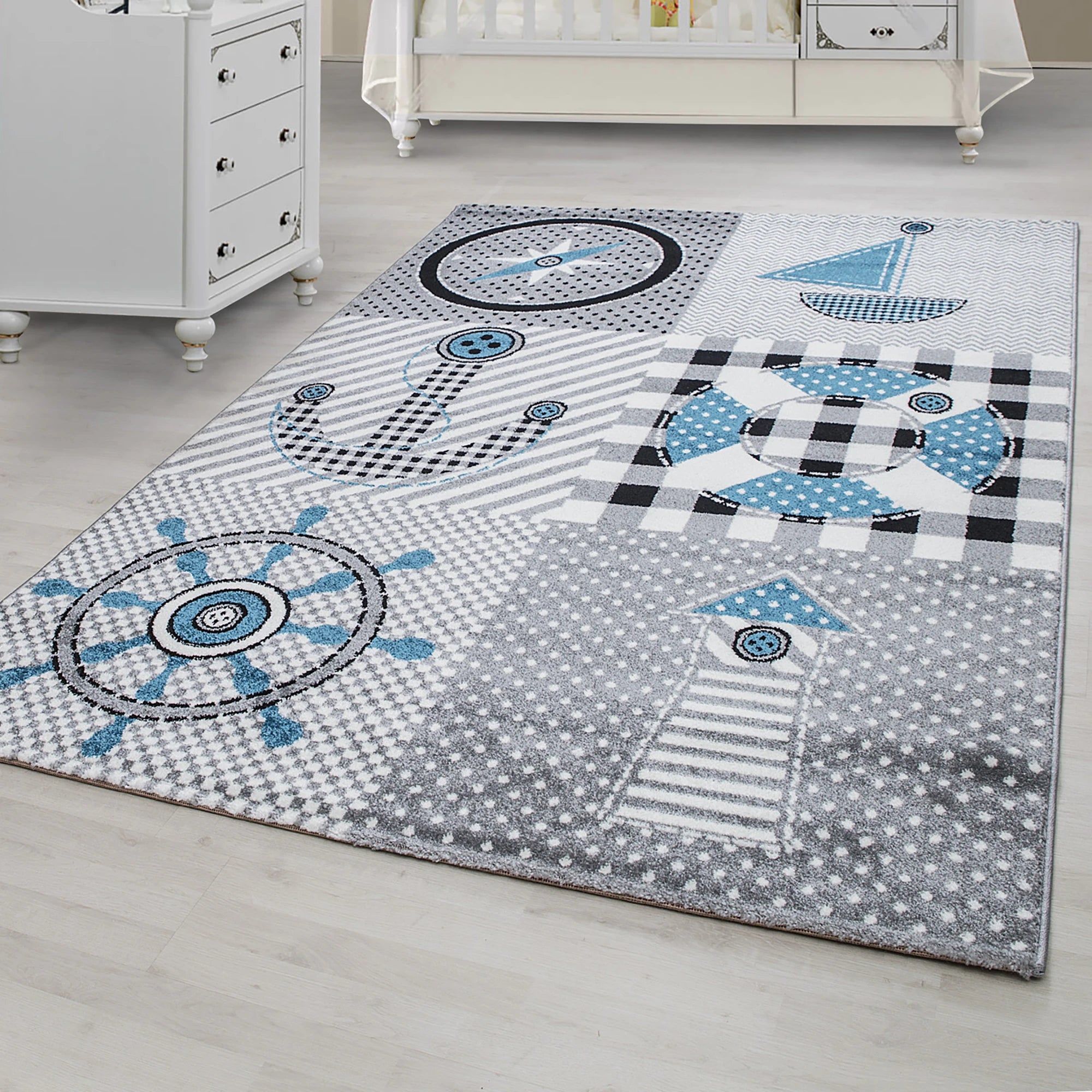 Cute Sailor Boat Lighthouse Kids Rug | Grey