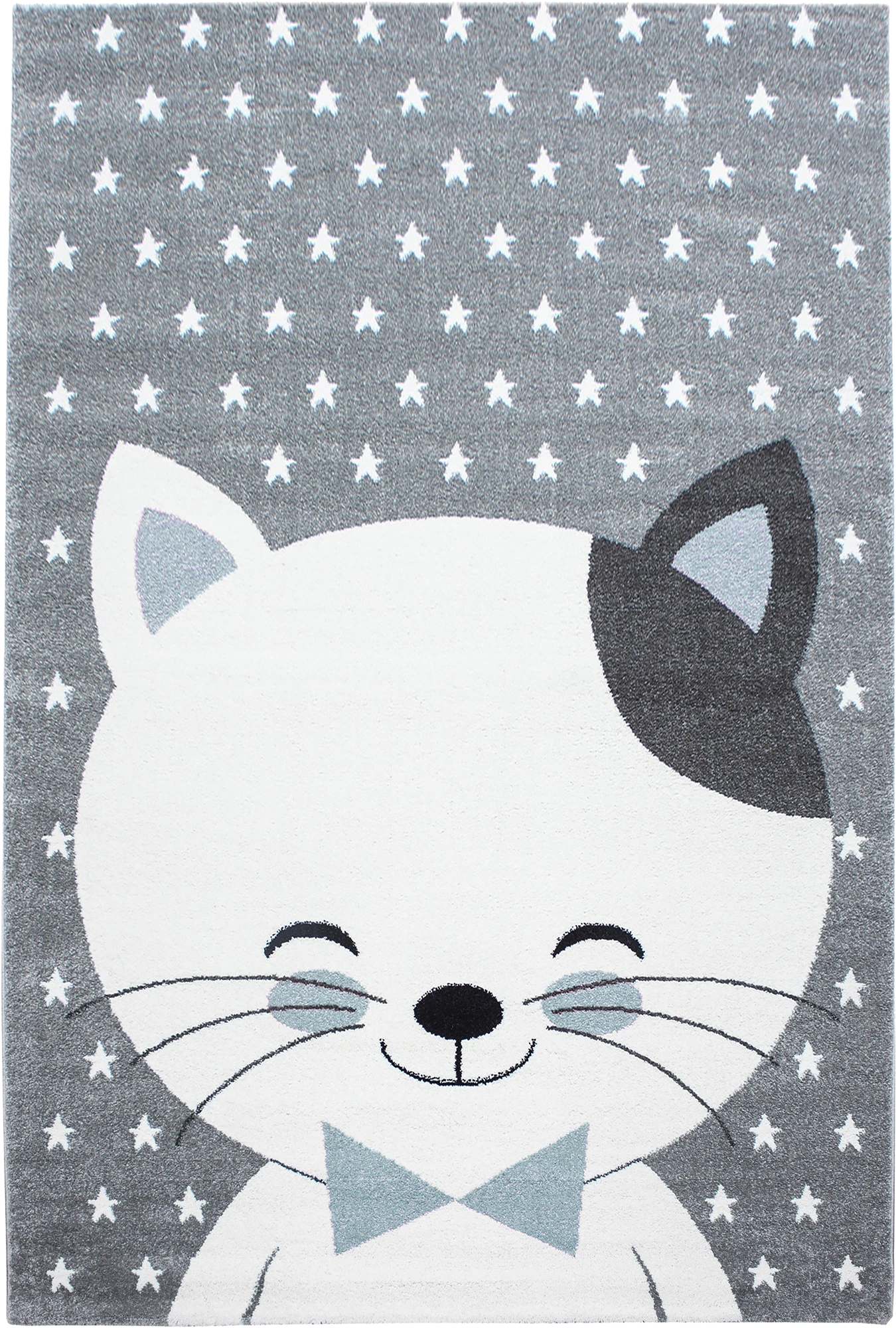 Smiling Cat with Bow Tie Starry Kids Rug | Blue