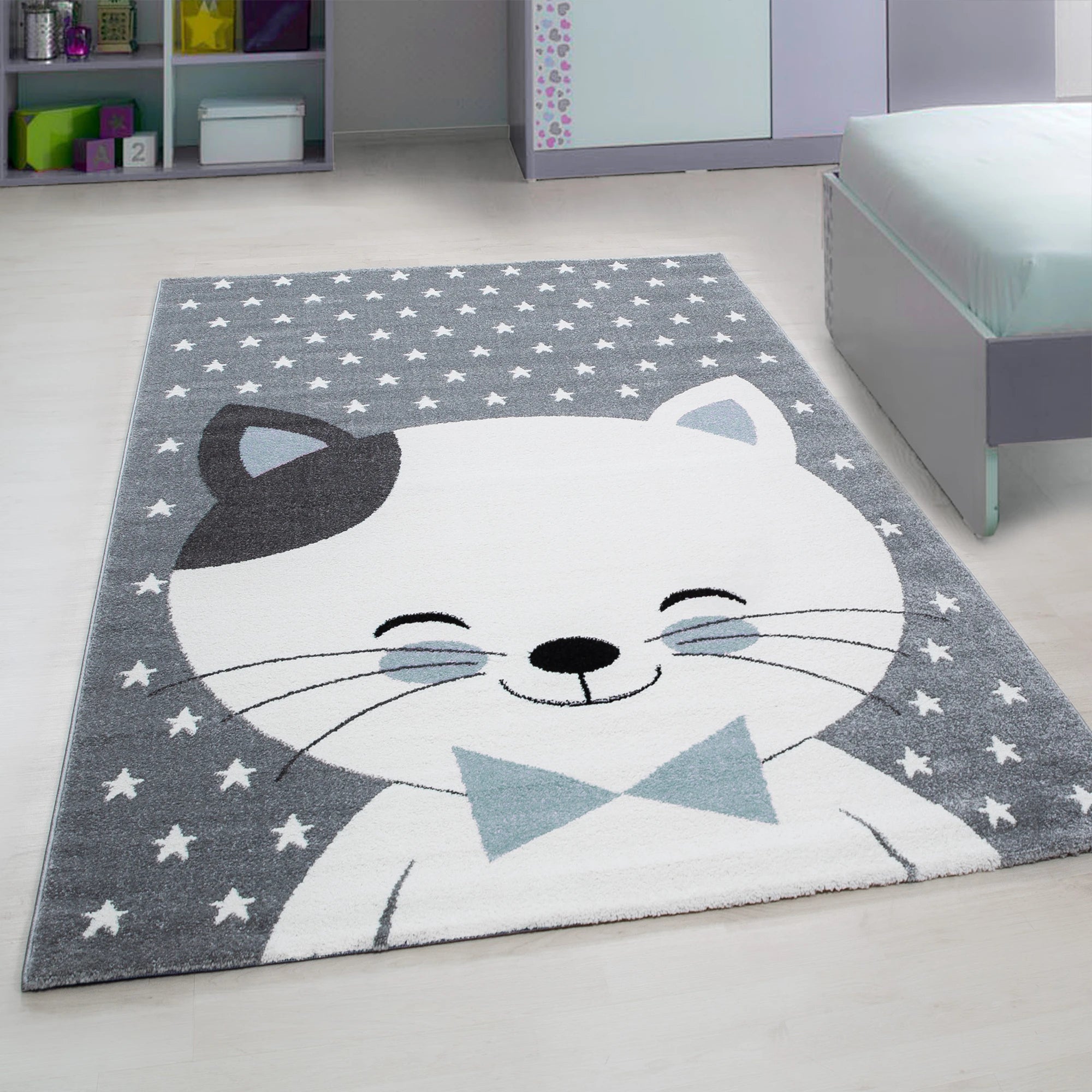 Smiling Cat with Bow Tie Starry Kids Rug | Blue