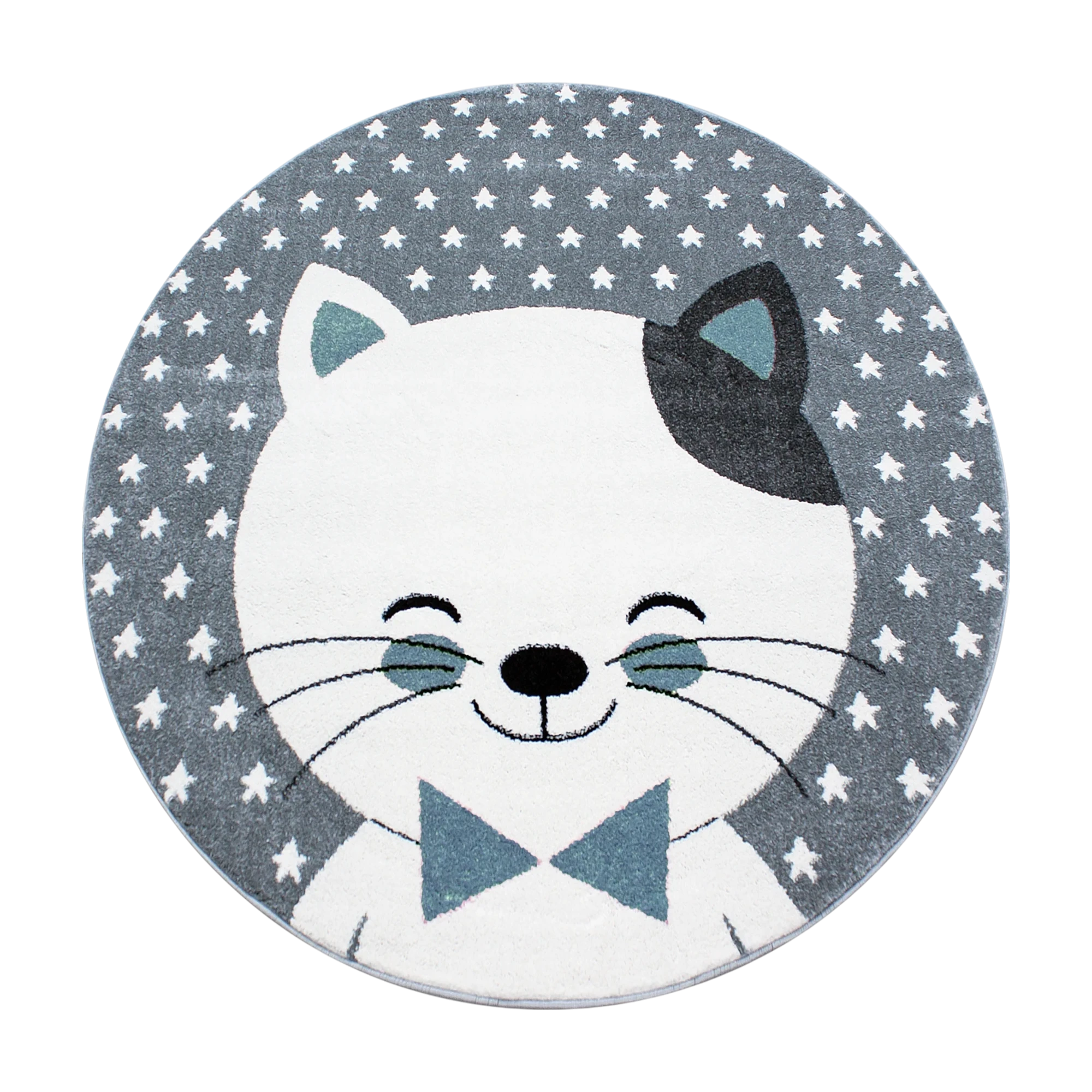Smiling Cat with Bow Tie Starry Kids Rug | Blue