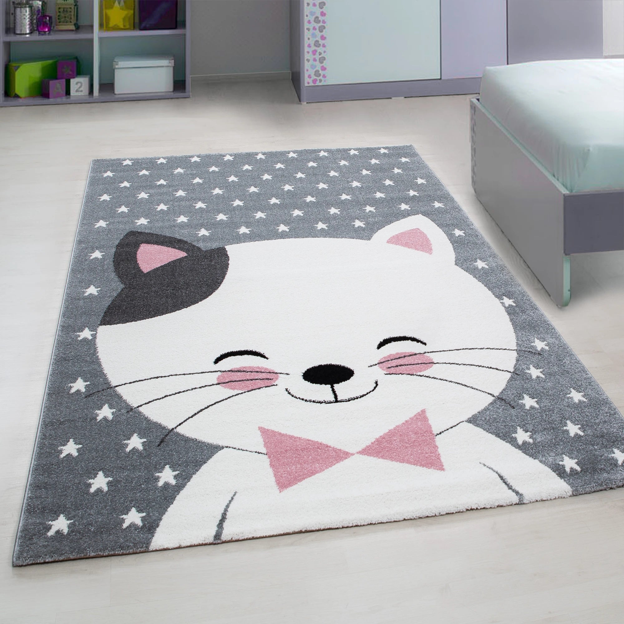 Smiling Cat with Bow Tie Starry Kids Rug | Pink