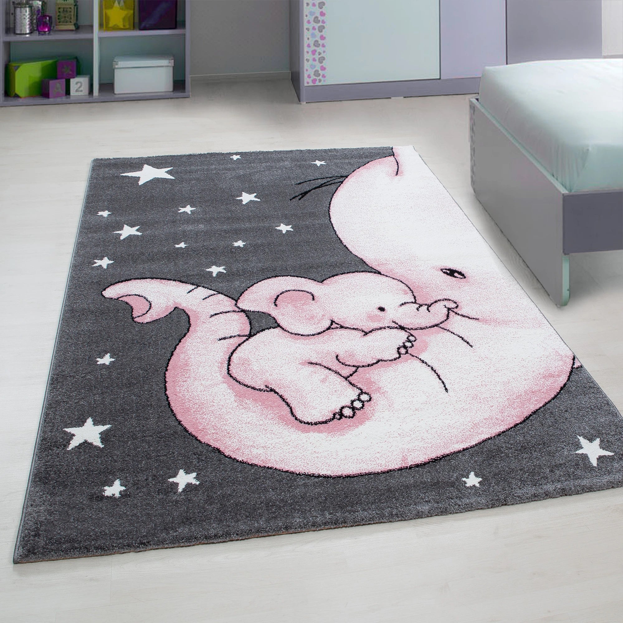 Cute Snuggling Elephant Nursery Rug | Pink