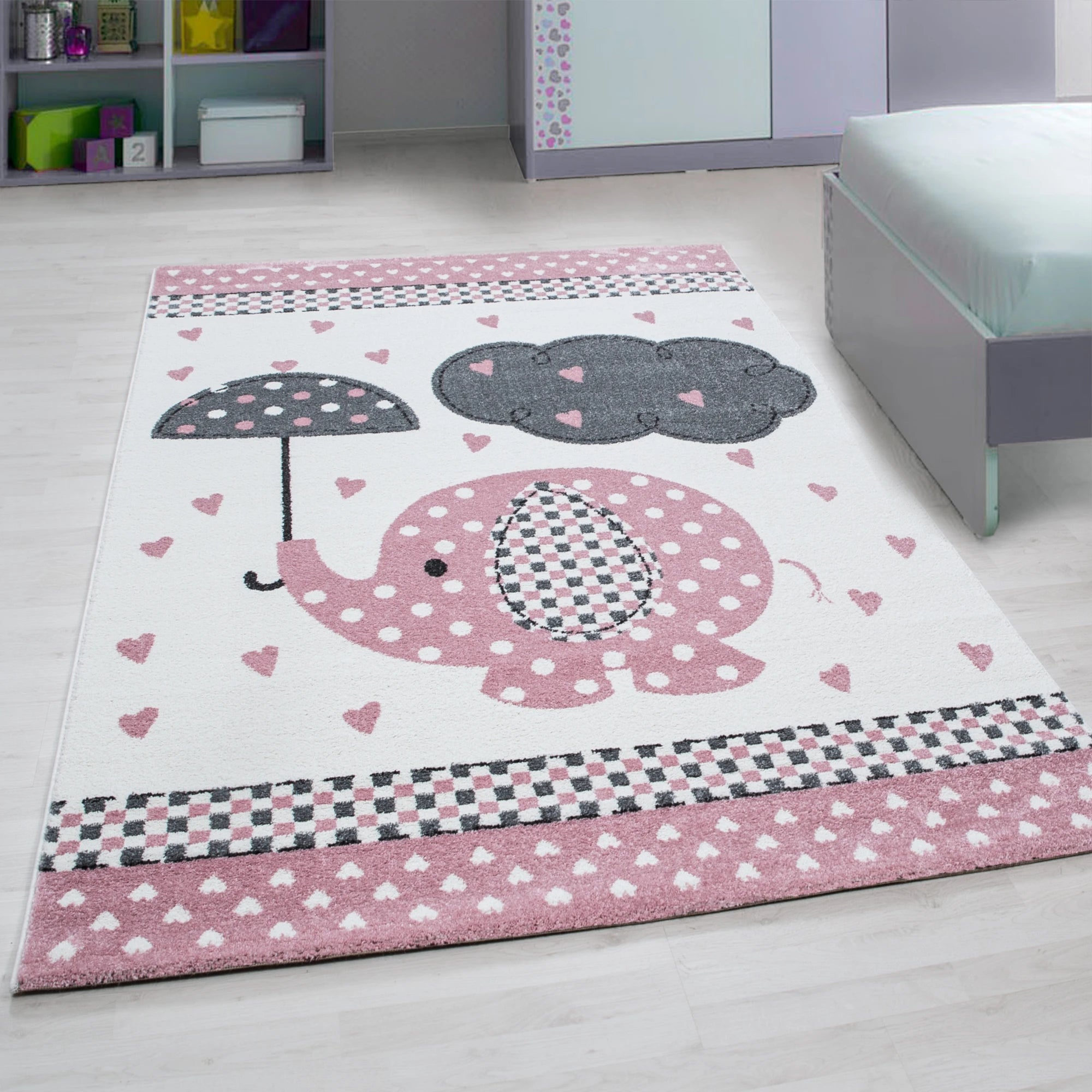 Polka Dot Elephant Umbrella Kids Rug | Pink