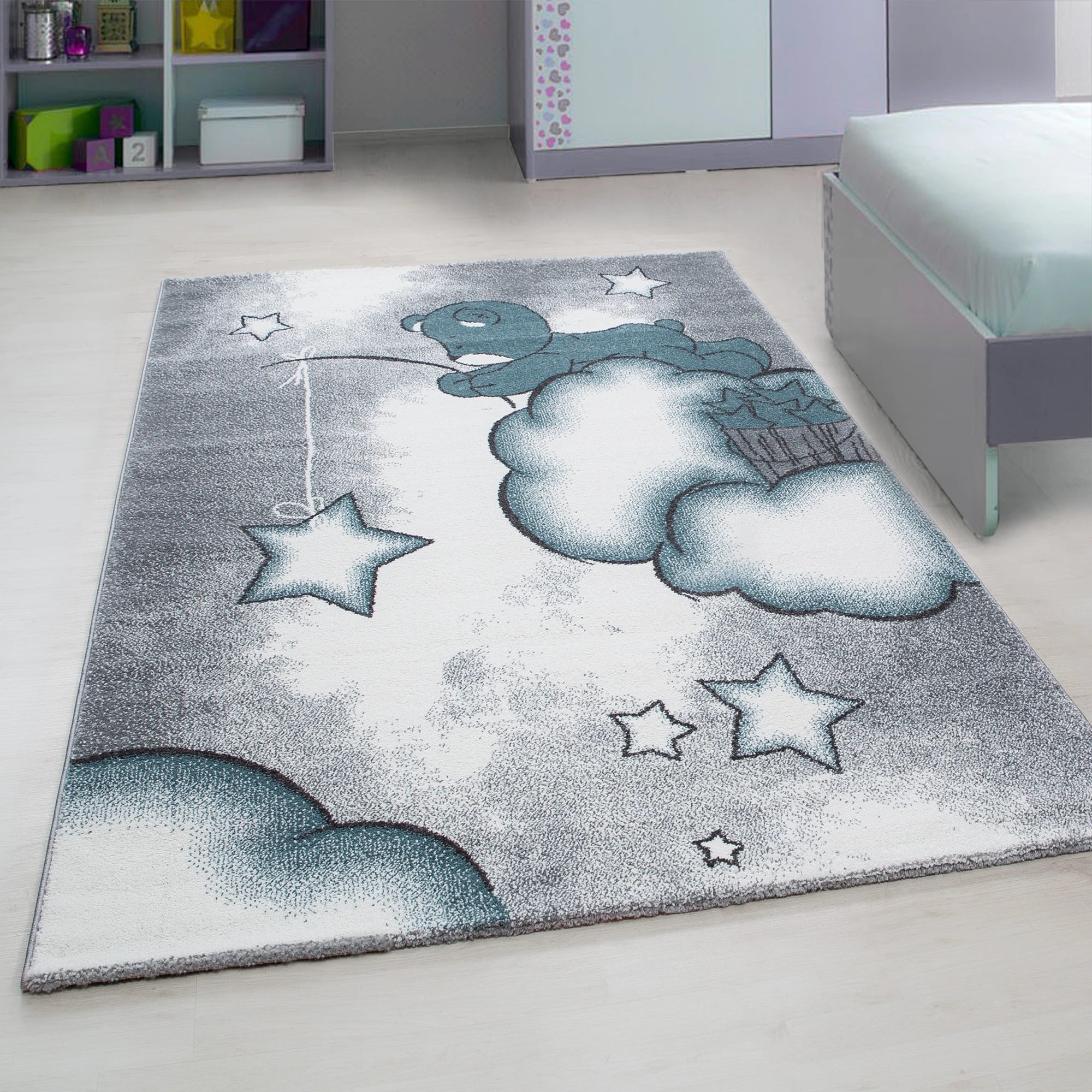 Bear on Clouds Star Fishing Kids Rug | Blue