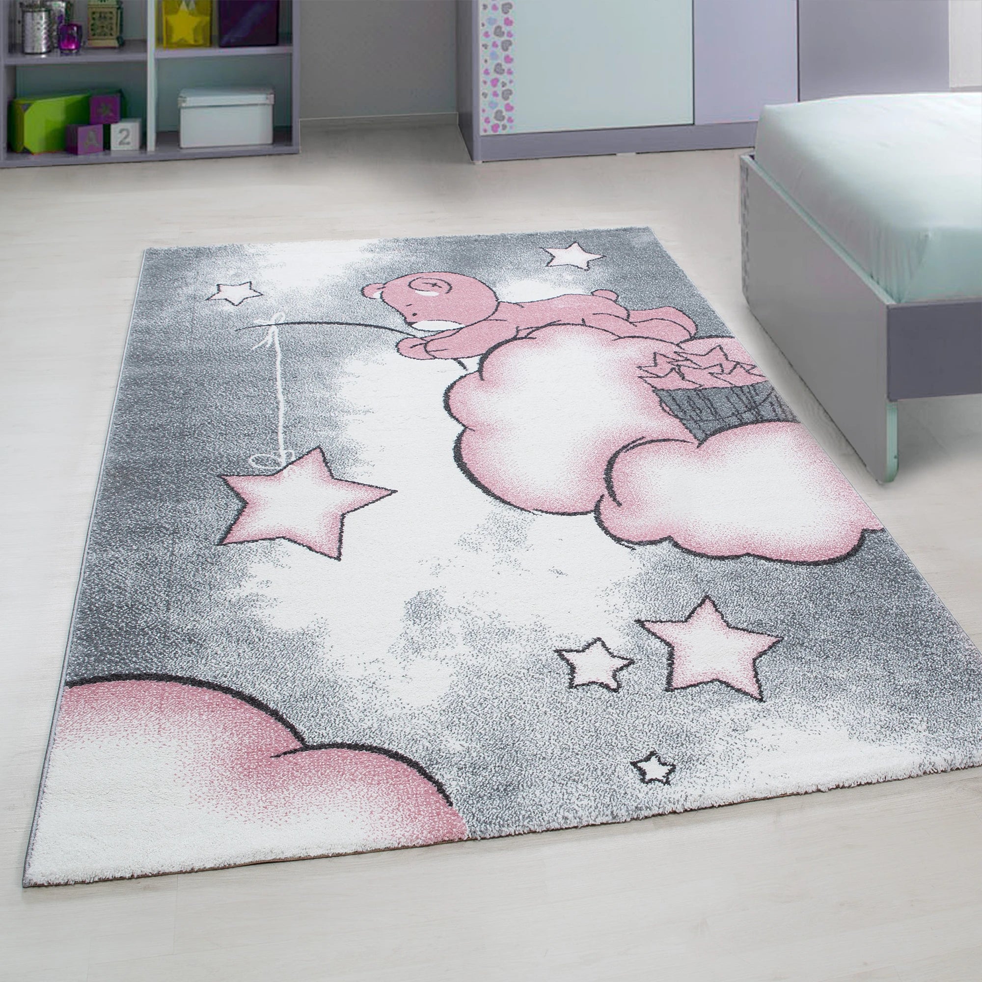 Bear on Clouds Star Fishing Kids Rug | Pink