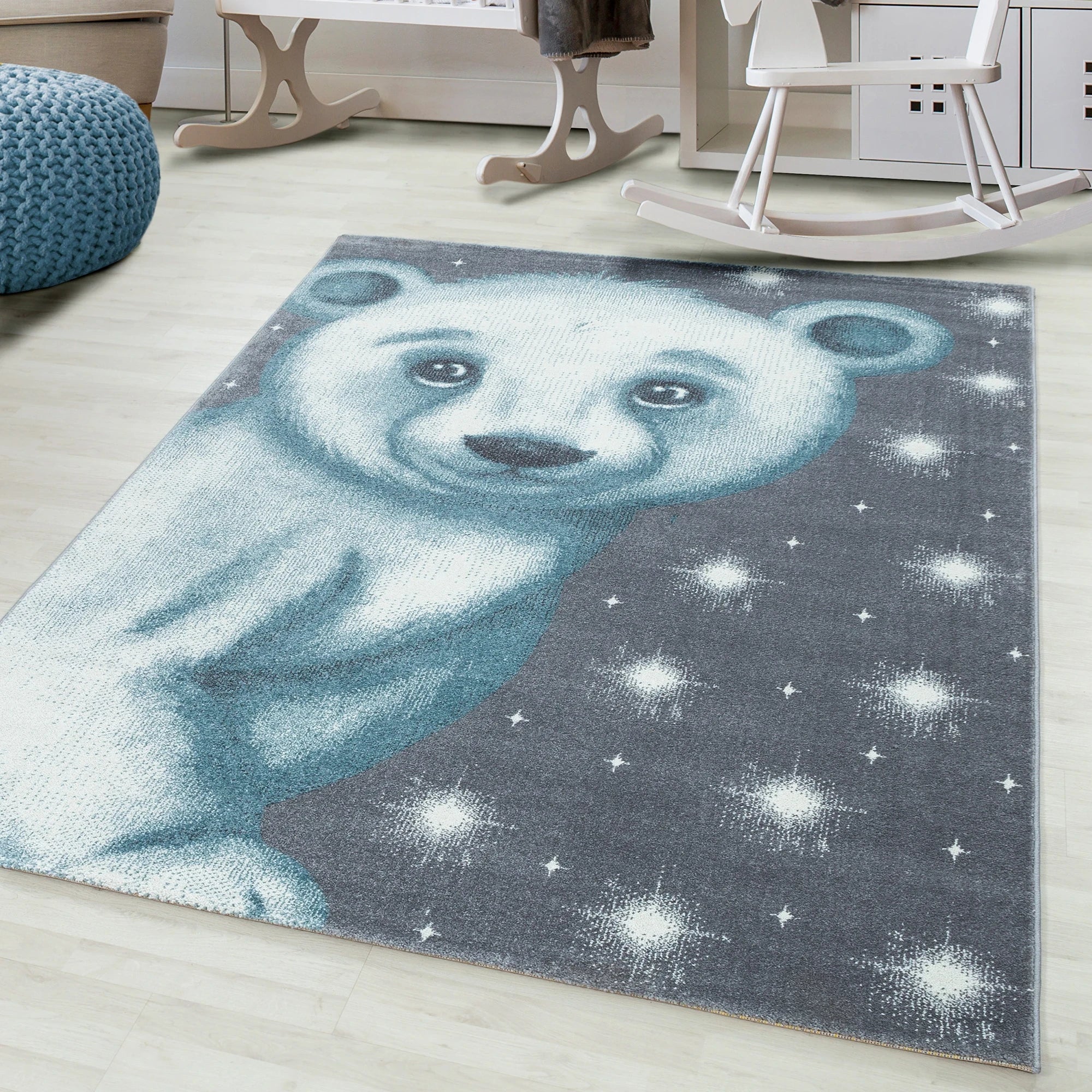 Blue Bear Kids Rug | Grey Starry Night