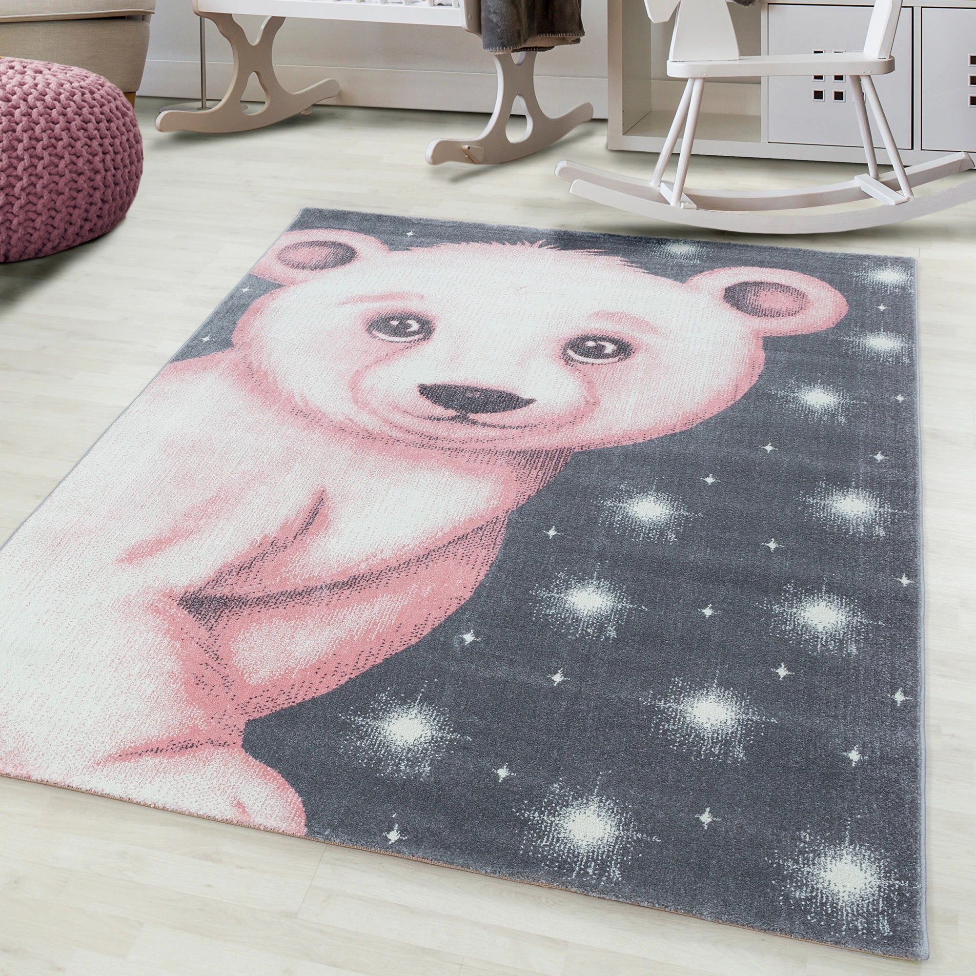 Pink Bear Kids Rug | Grey Starry Night