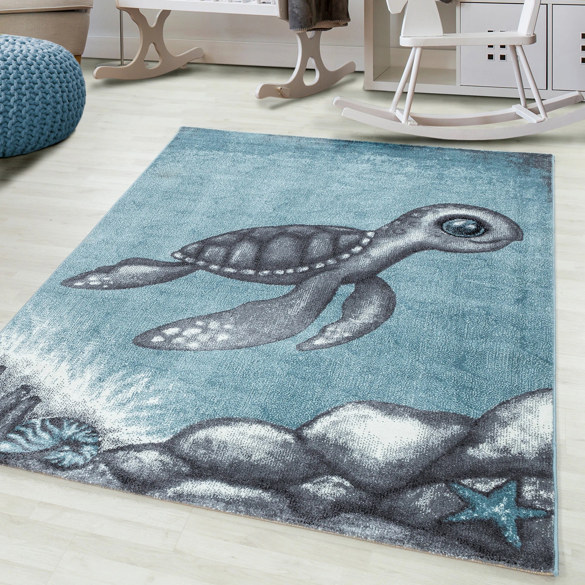 Sweet Turtle Patterned Kids Rug | Blue