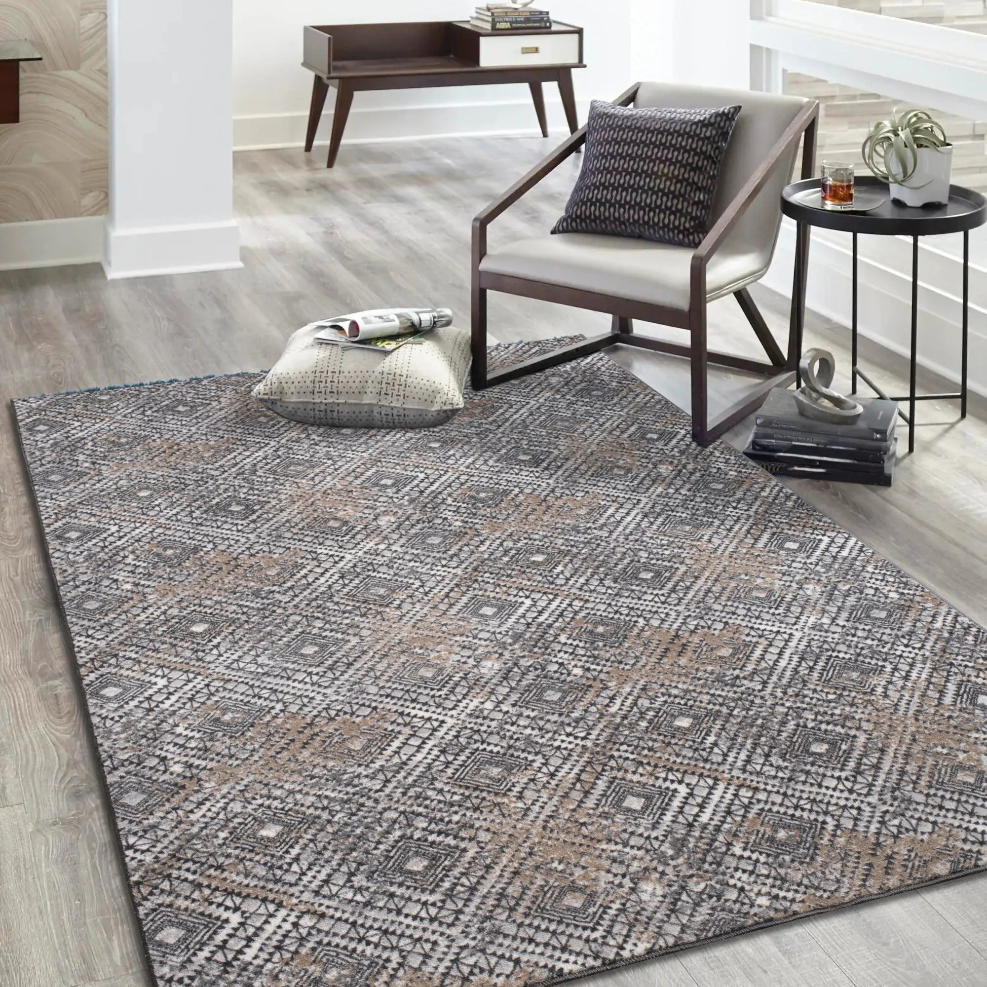 Geometric Gray Rug with Distressed Details