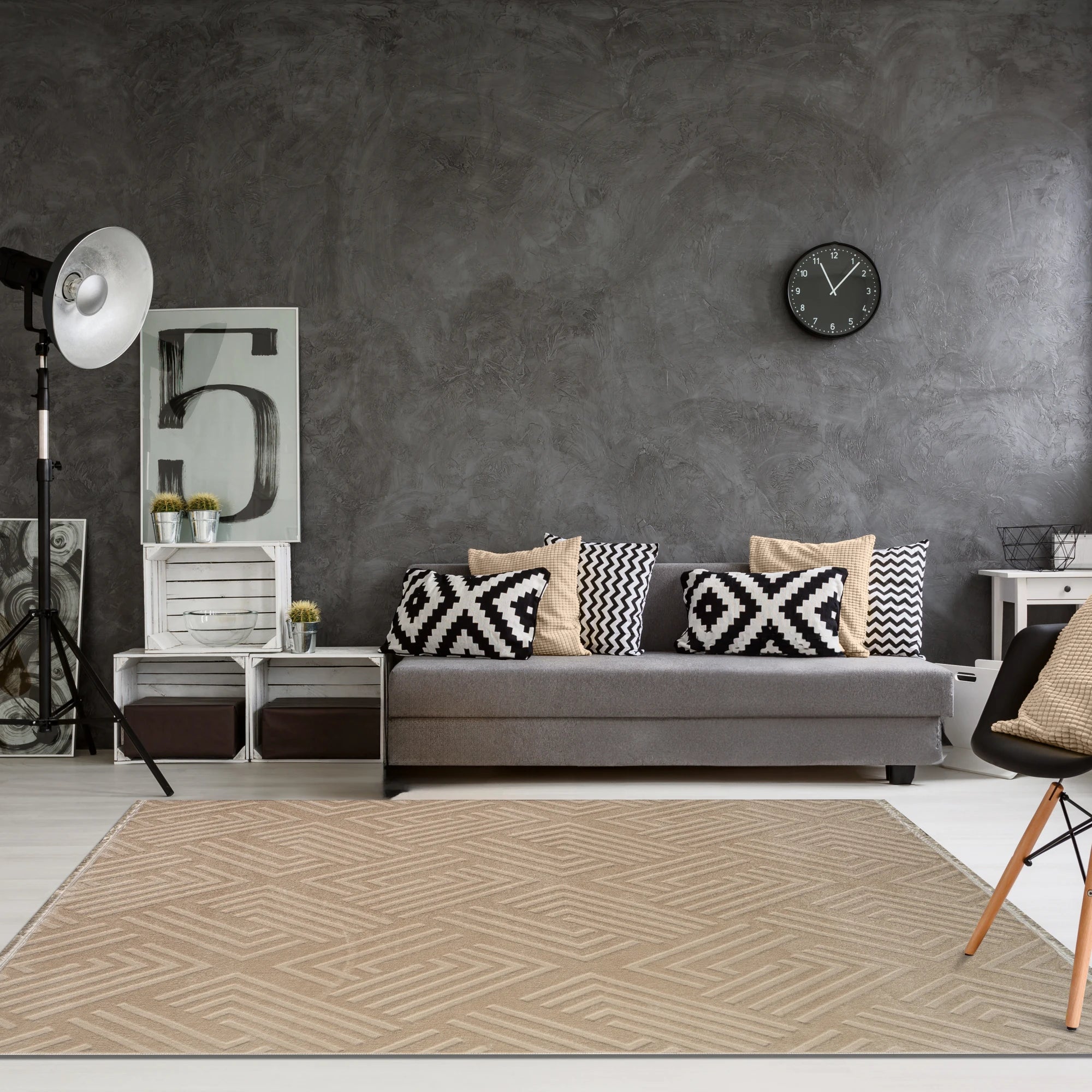 Modern Geometric Maze Plush Rug - Beige