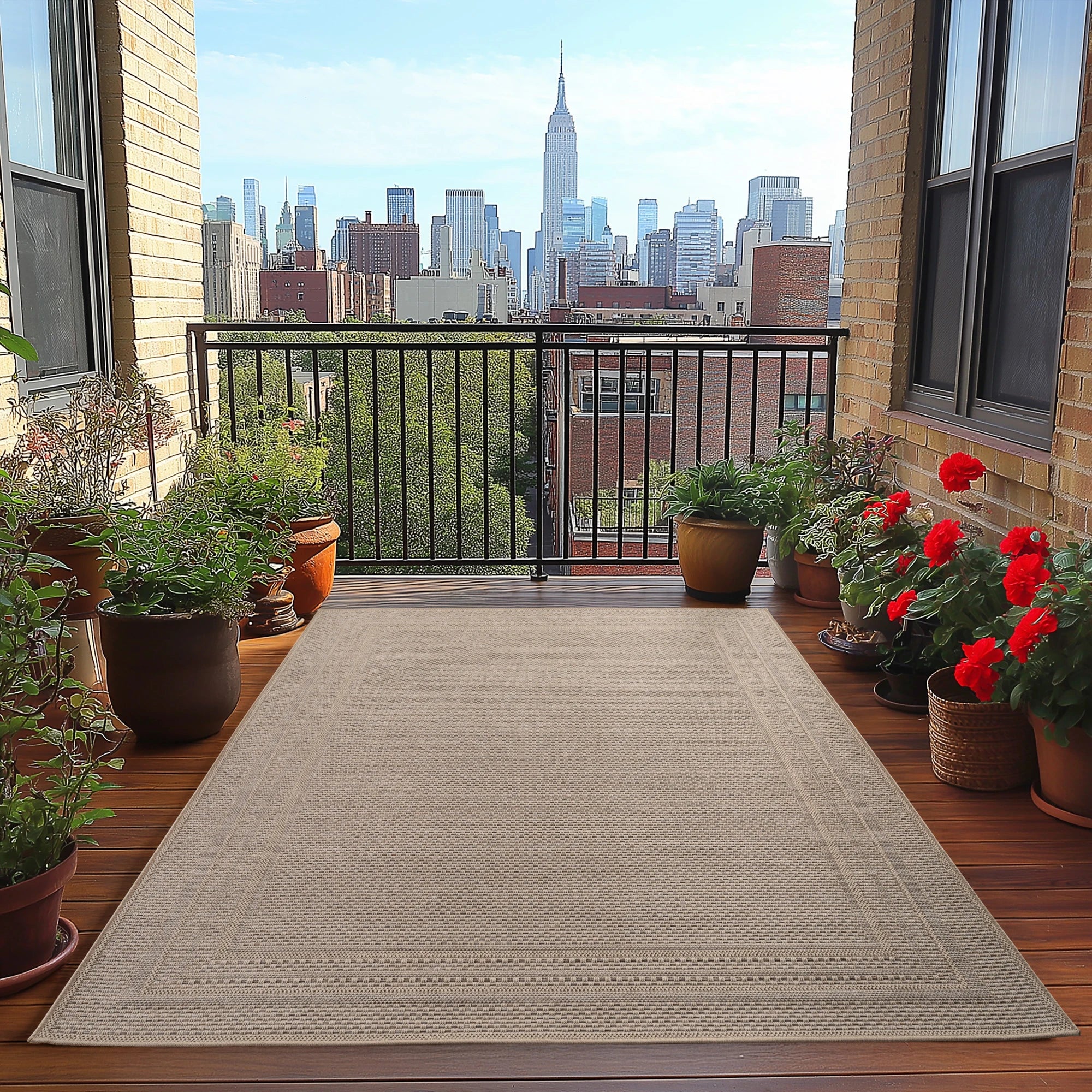 Solid Texture Double Border Patio Rug | Beige