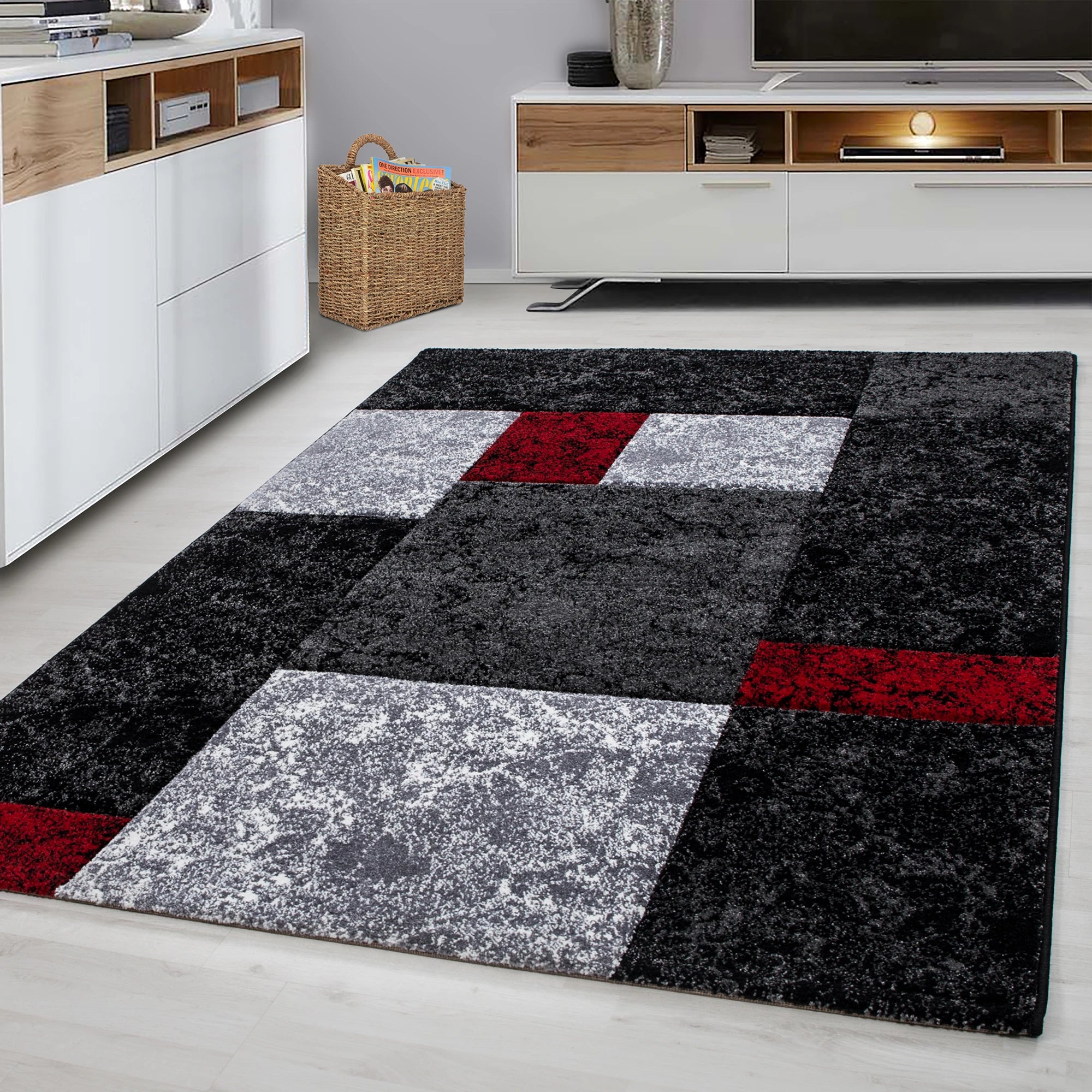 Modern Abstract Textured Block Area Rug | Red