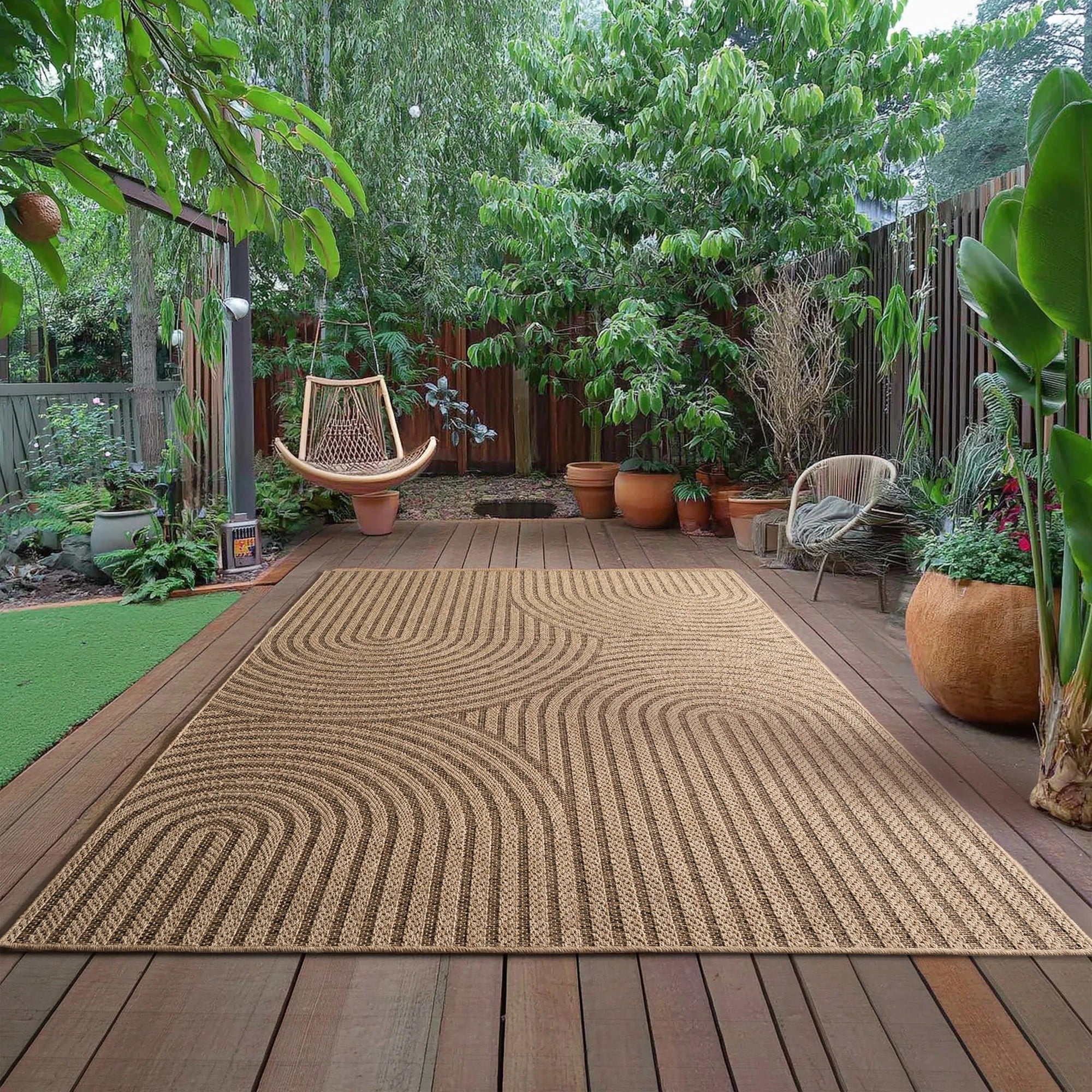 Modern Textured Half-Circle Line Area Rug | Beige