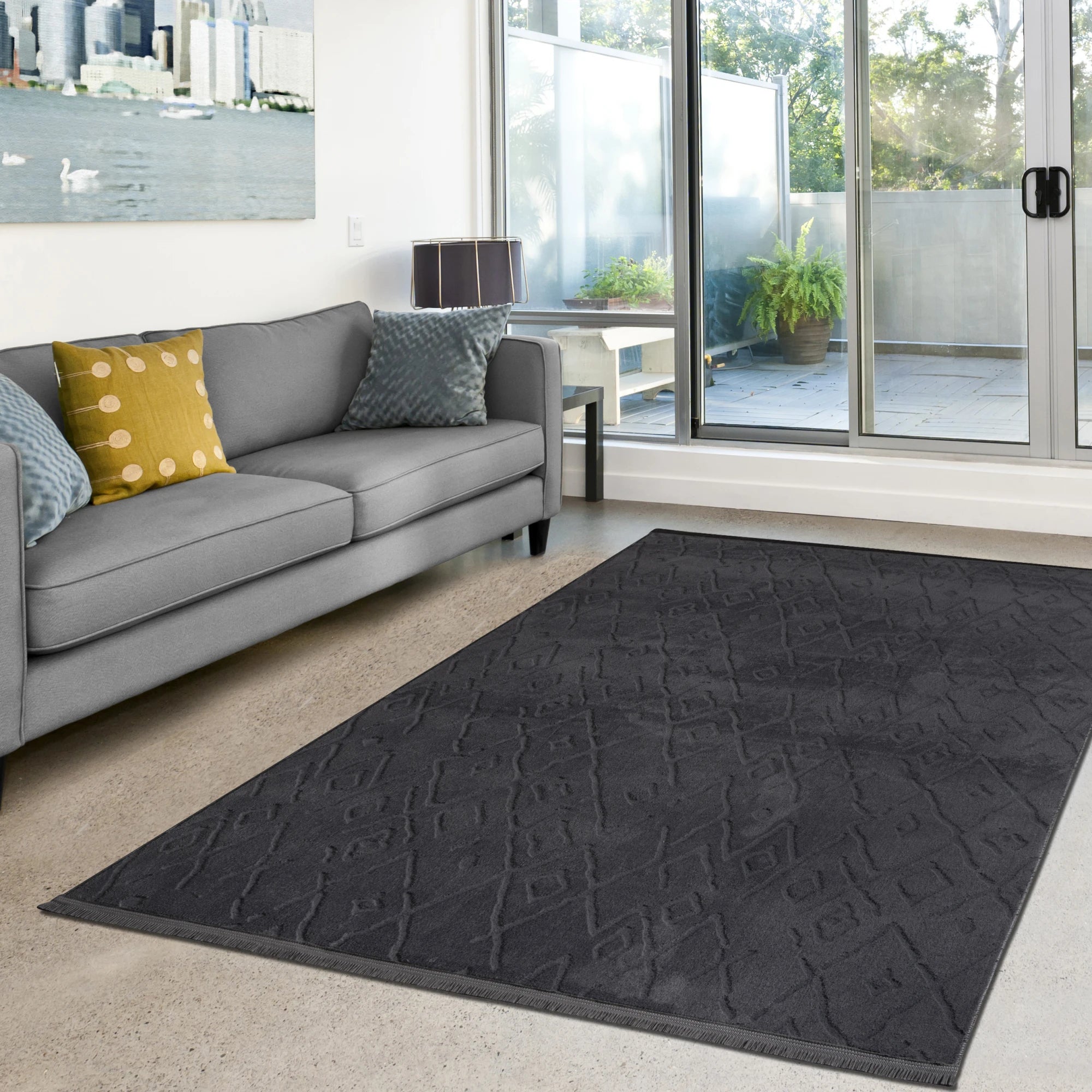 Textured Plush Diamond Area Rug - Charcoal Grey