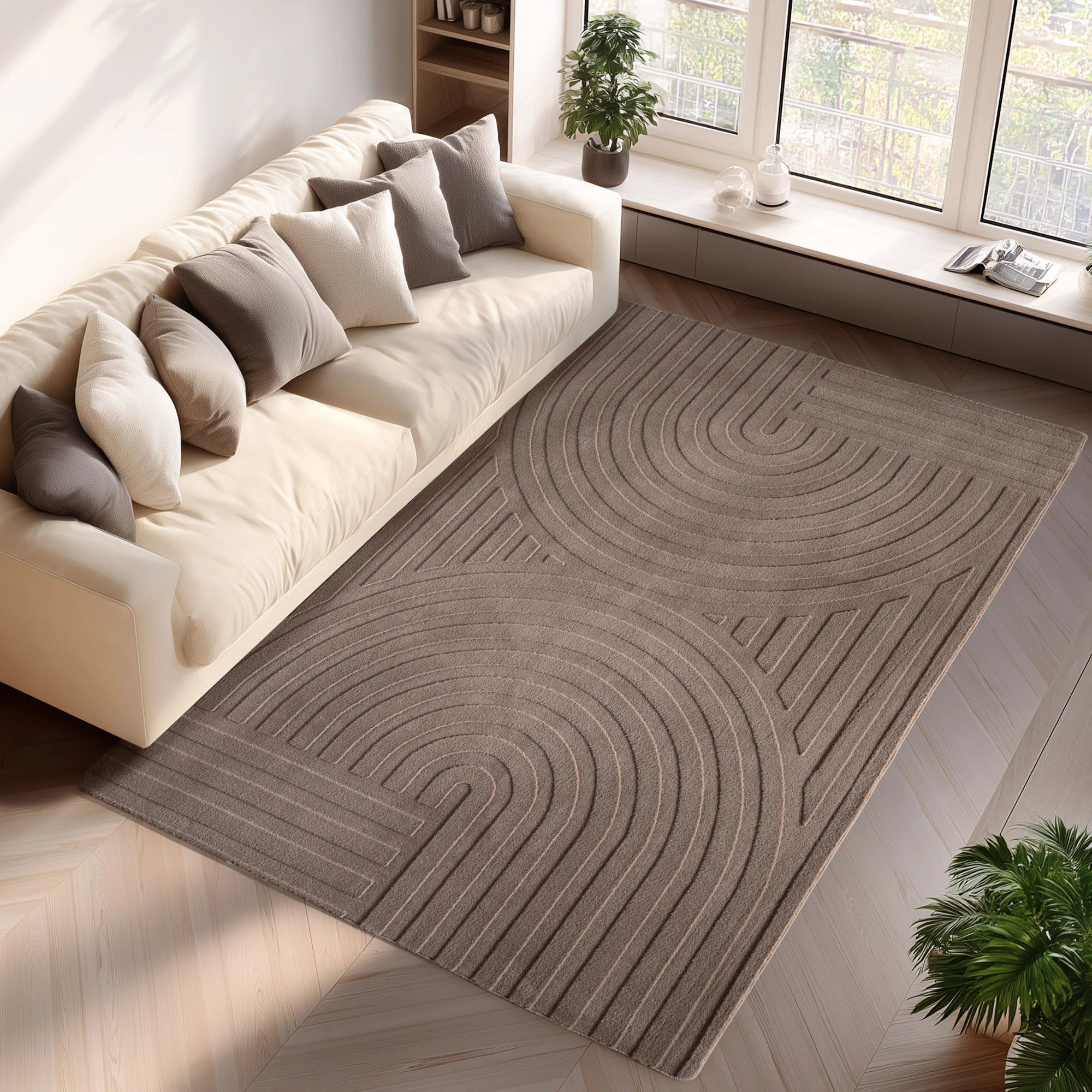 Contemporary Half-Moon Geometric Stripe Rug | Beige