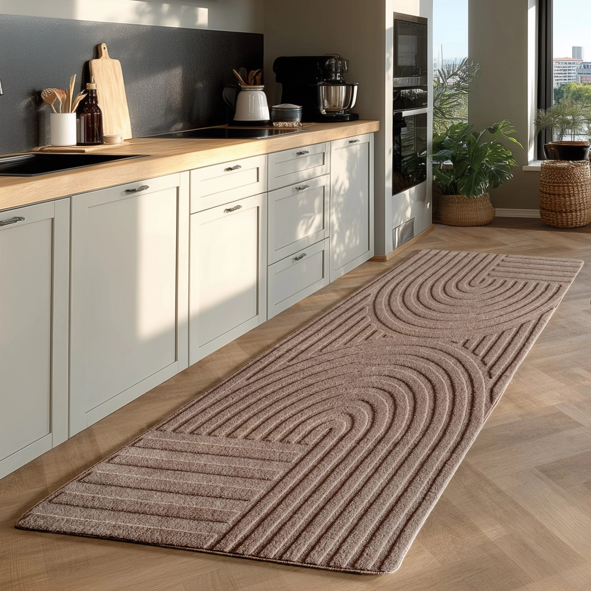 Contemporary Half-Moon Geometric Stripe Rug | Beige