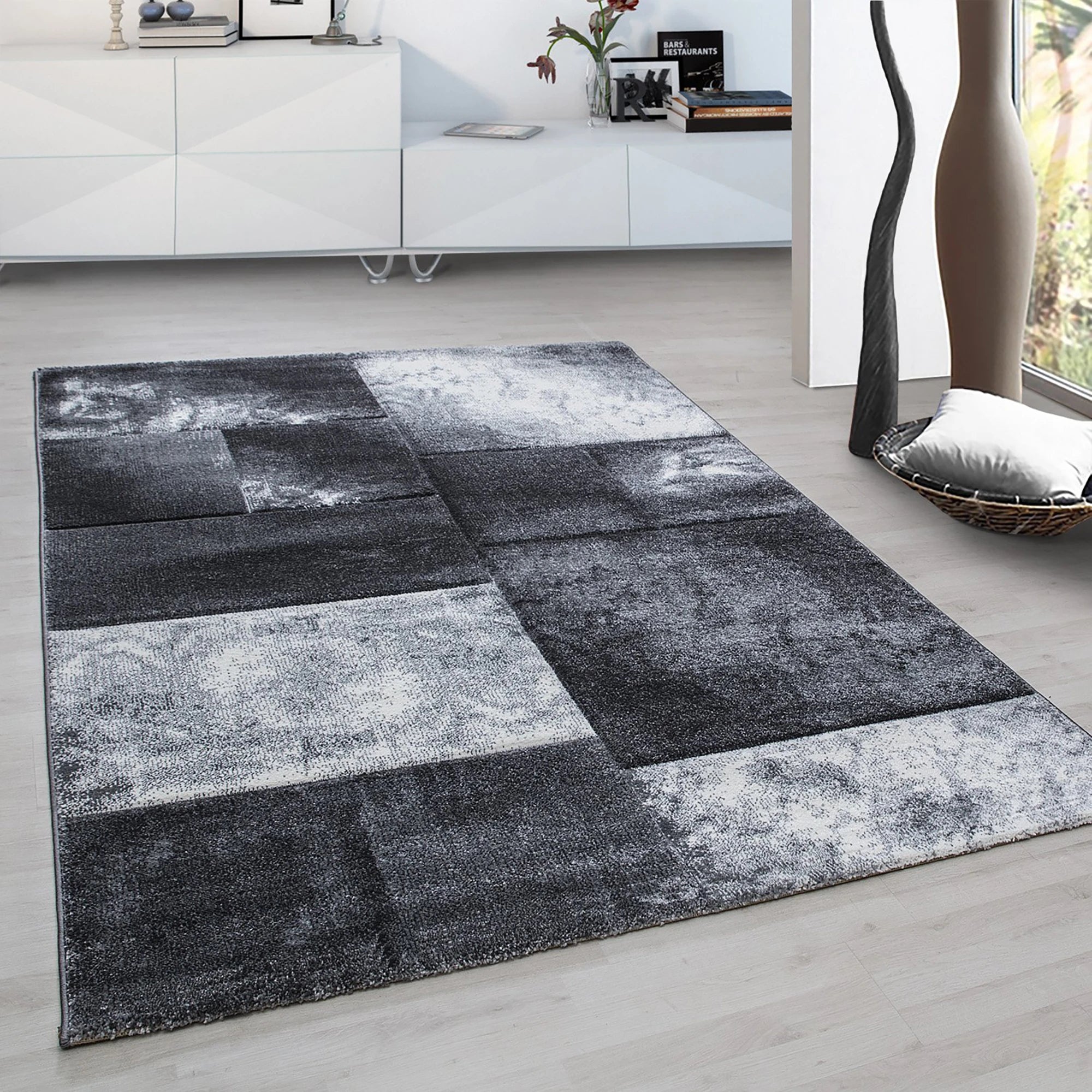 Abstract Distressed Block Pattern Area Rug | Gray