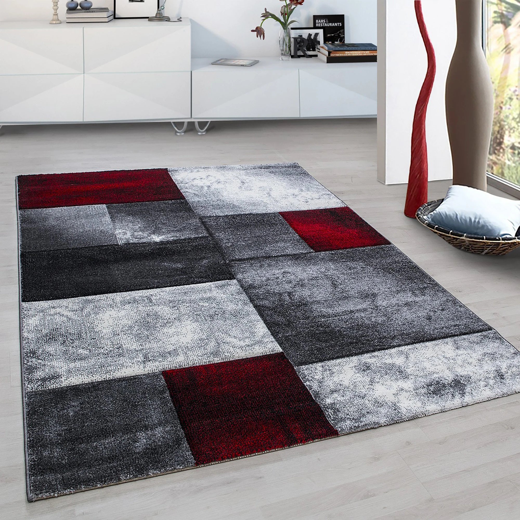 Abstract Distressed Block Pattern Area Rug | Red