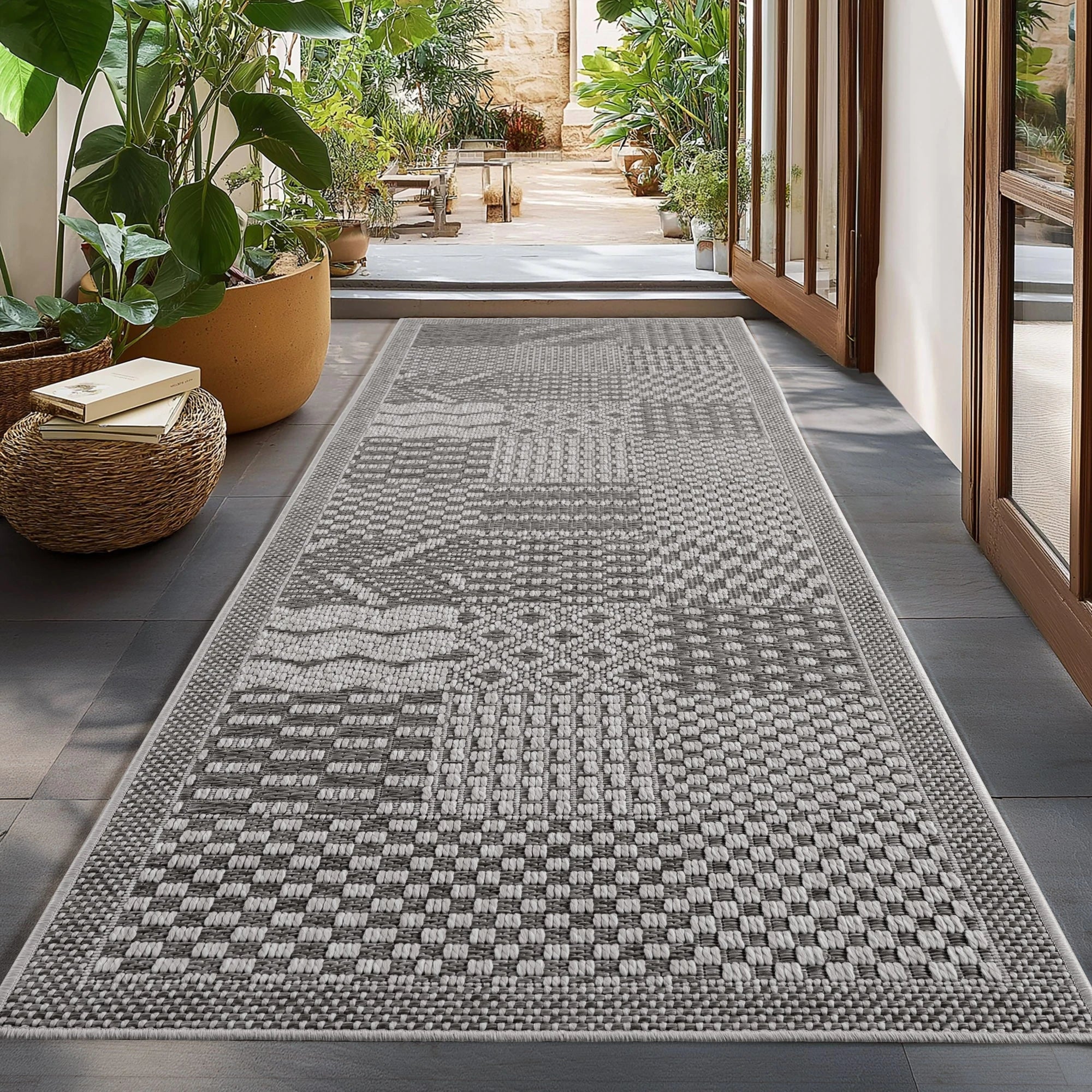 Plaid Checkerboard Patio Rug | Gray