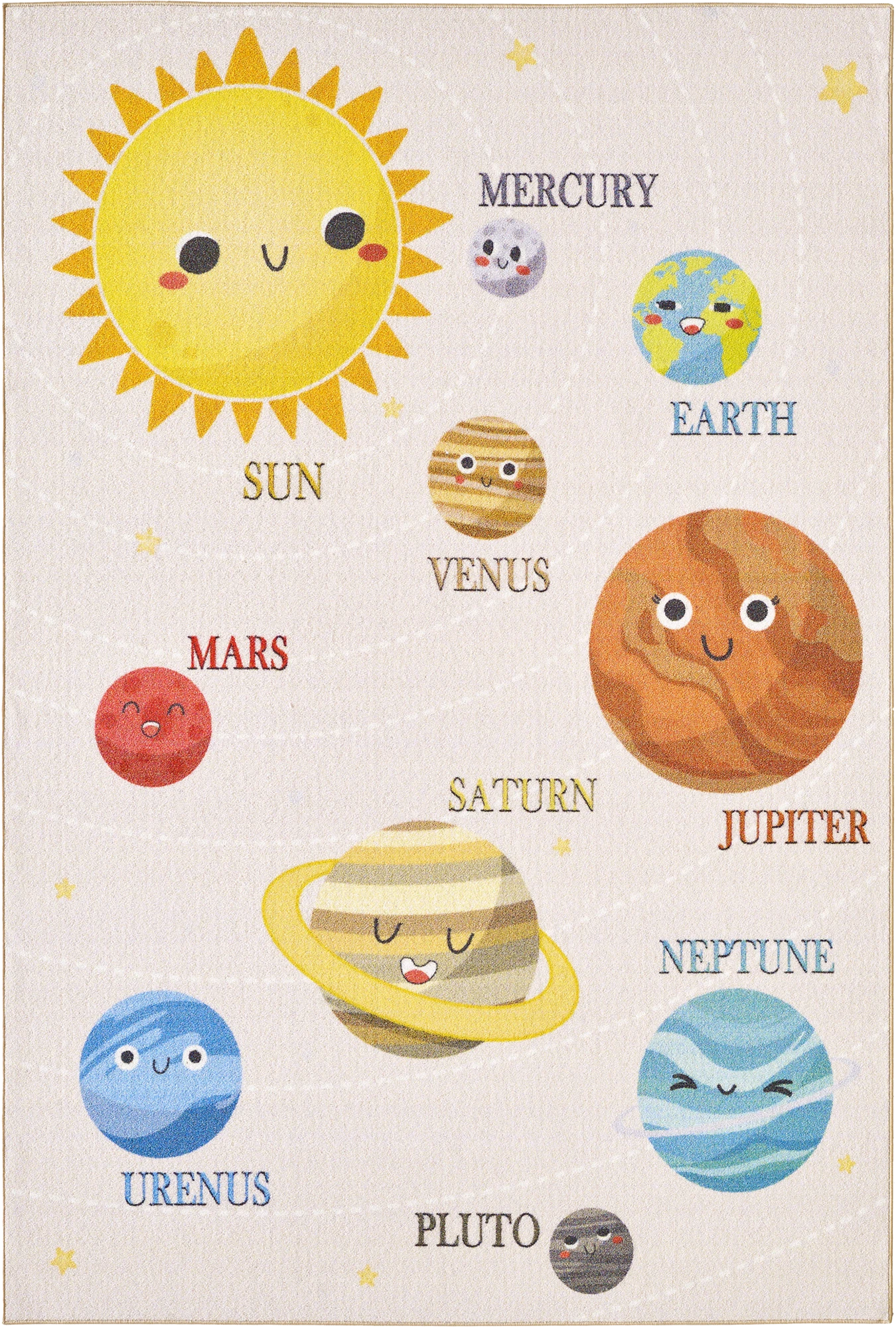 Cute Smiling Planets Solar System Kids Room Rug | Beige