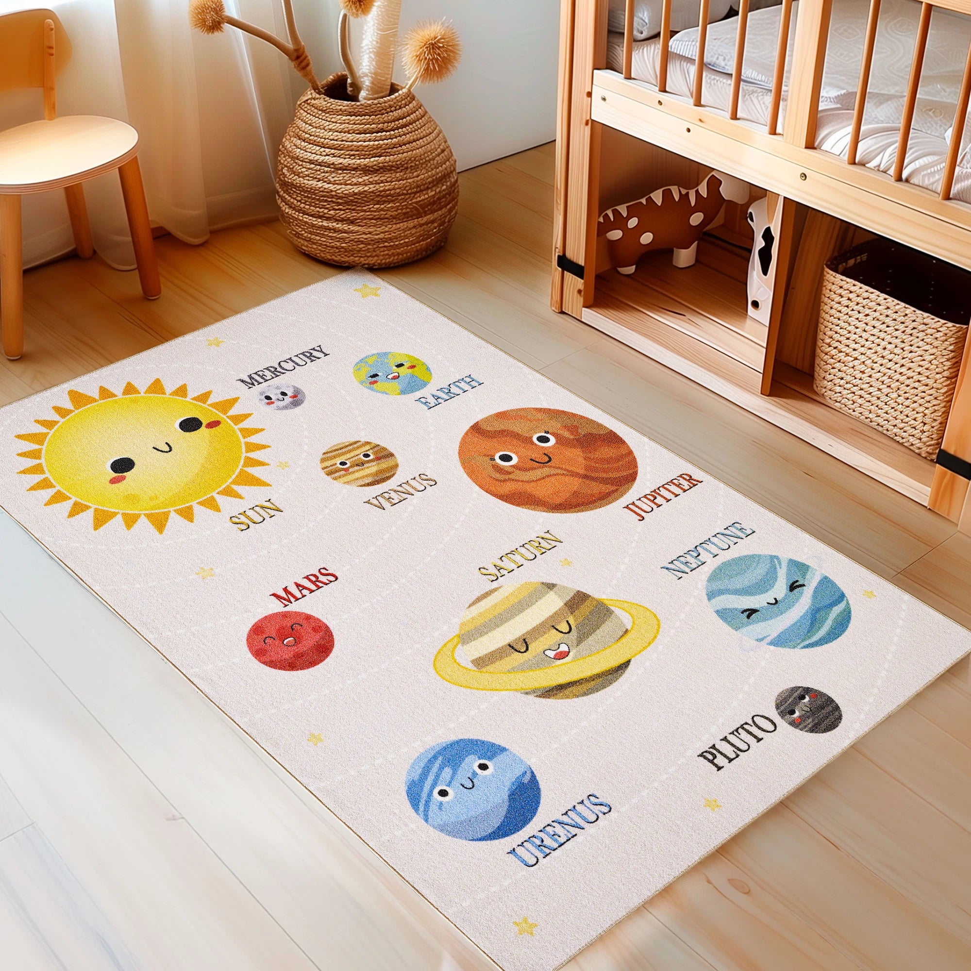 Cute Smiling Planets Solar System Kids Room Rug | Beige